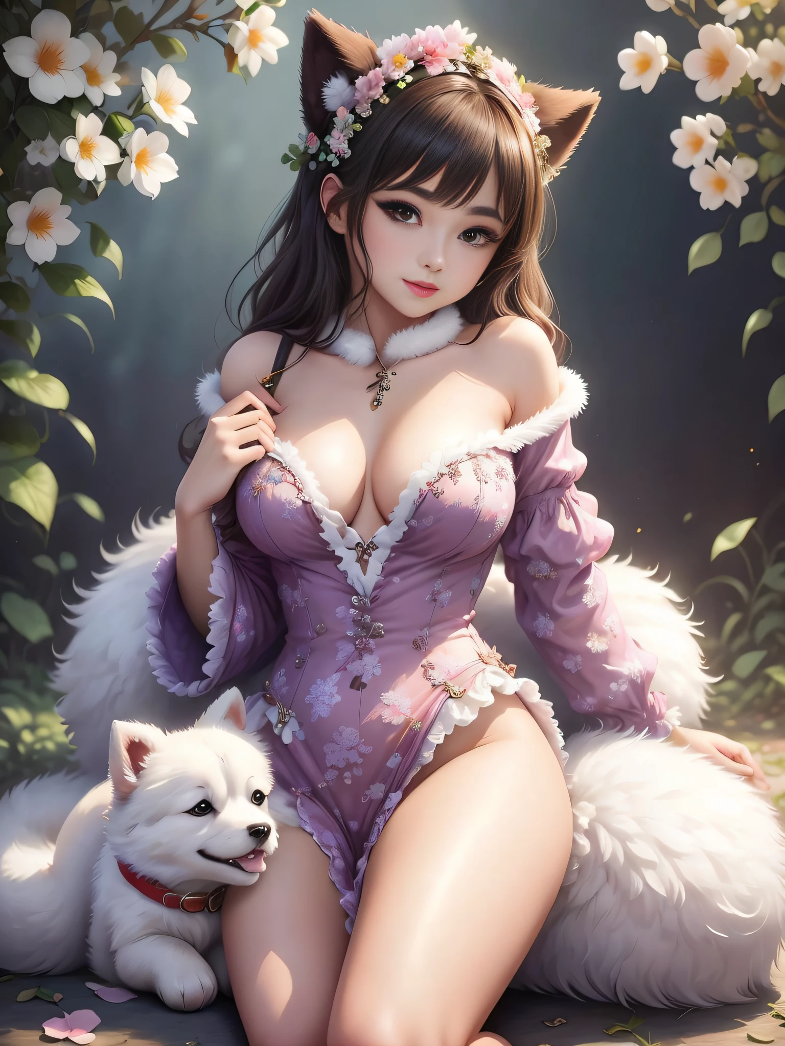 1 sexy girl in plush clothes with a dog for a photo, cute fur,