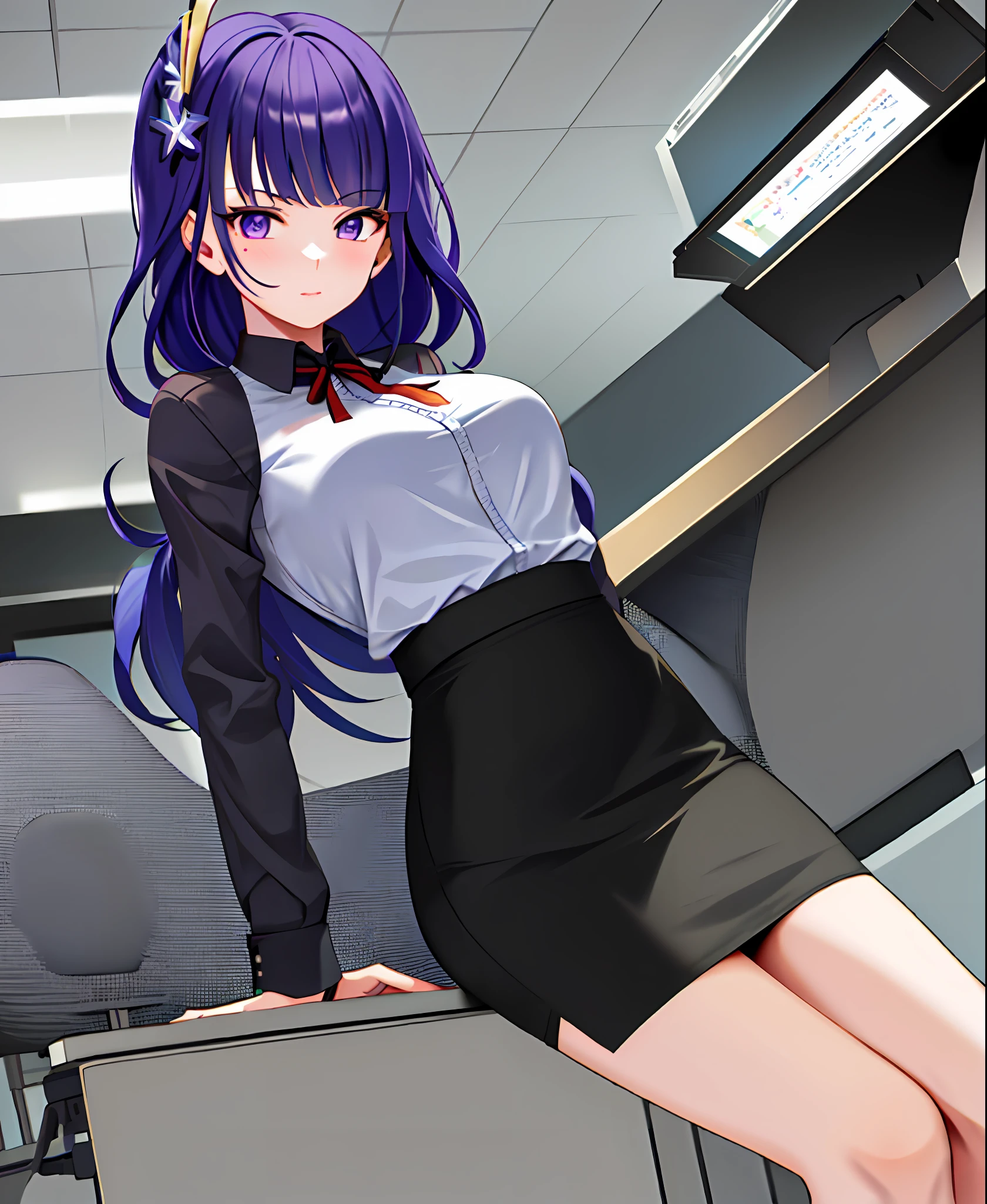 masterpiece, best quality, 1girl, solo, raiden_genshin, office lady, pencil skirt, looking at viewer, from behind upper torso, close-up