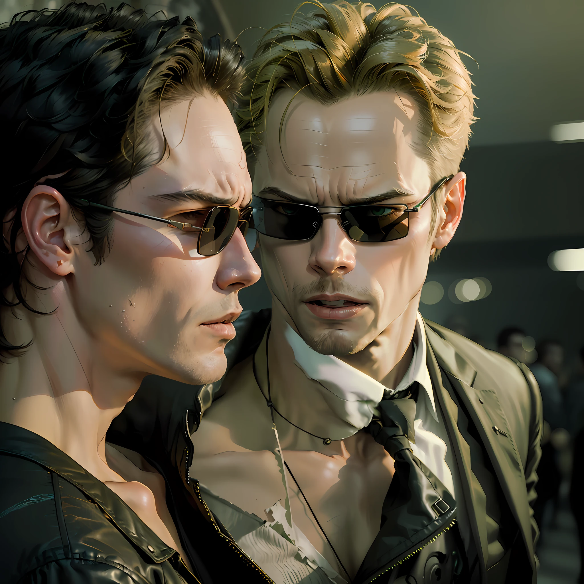 ((best quality)), ((masterpiece)), (detailed) fan art of (neo from the matix) head, ((neo from matrix face)) looking away, keanu reaves, the matrix (1999), sunglasses, night, 80mm, ((western animation)), (neo the matrix (1999)), (short hair), (tokyo street nights), ((back of the head)), ((profile))