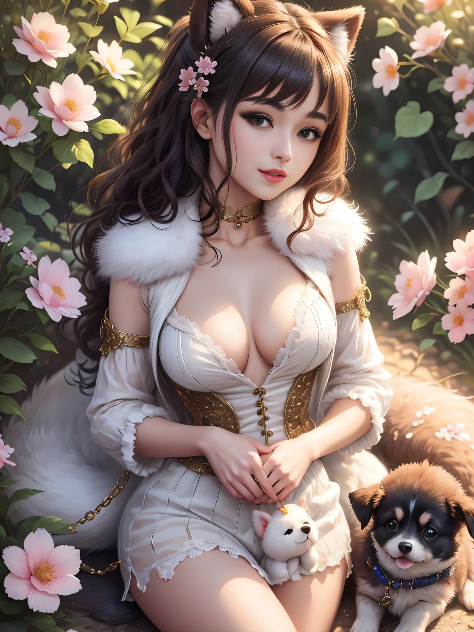 1 sexy girl in plush clothes with a dog for a photo, cute fur,
