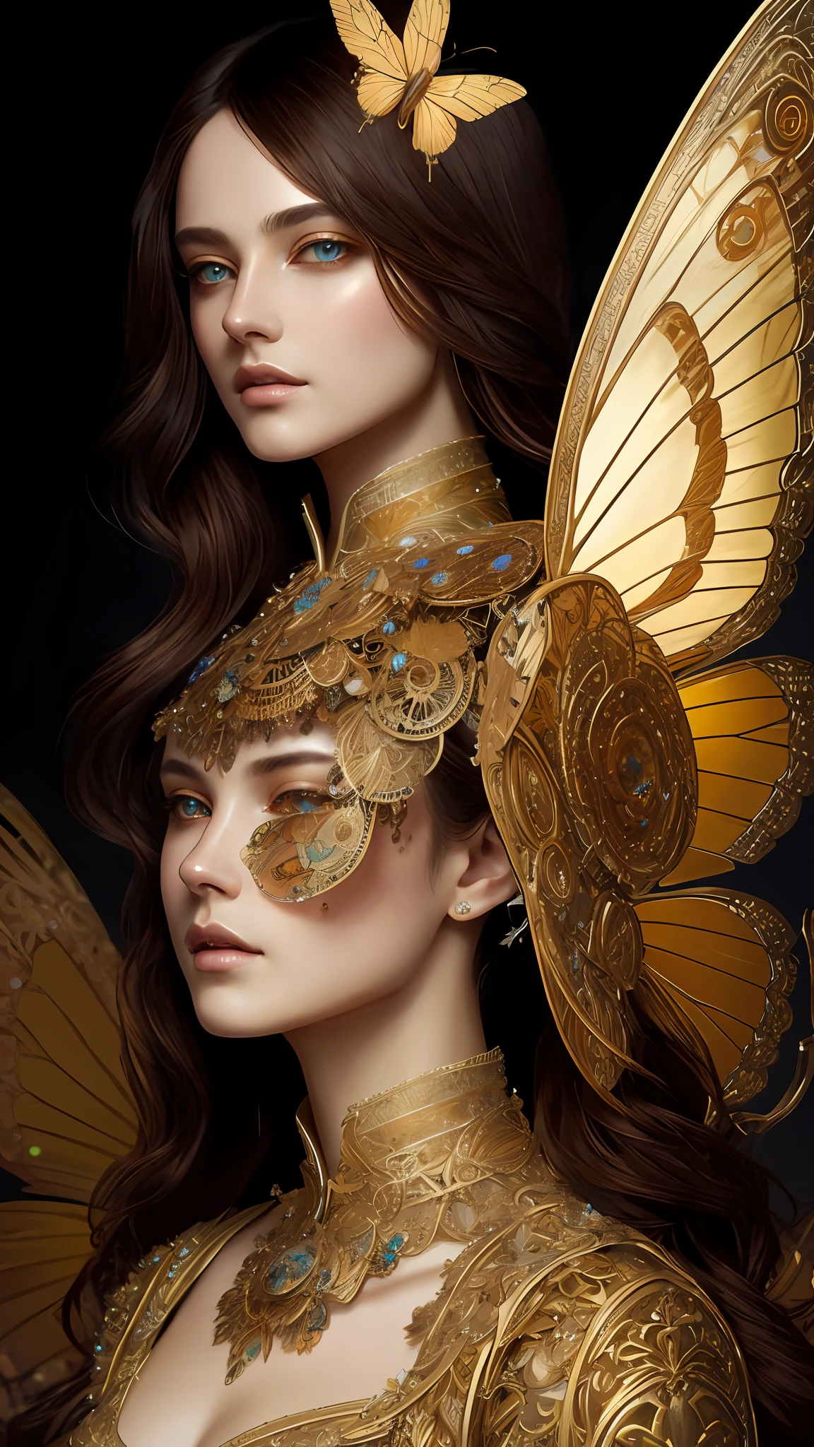 8K portrait of a beautiful cyborg with brown hair, intricate and elegant, very elaborate, majestic digital photograph, art surreal painting by artgerm, Ruan Jia and greg Rutkowski Gold butterfly filigree, broken glass (masterpiece, sidelights, elaborate beautiful eyes: 1.2), HDR