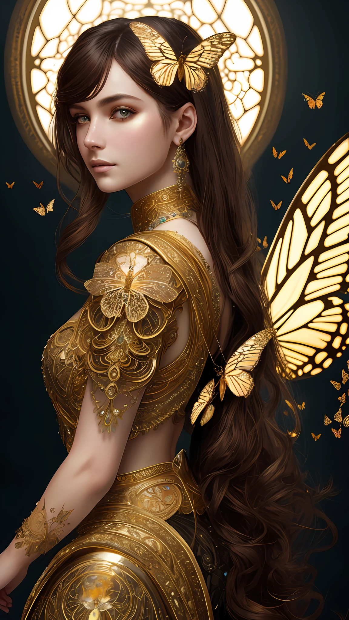 8K portrait of a beautiful cyborg with brown hair, intricate and elegant, very elaborate, majestic digital photograph, art surreal painting by artgerm, Ruan Jia and greg Rutkowski Gold butterfly filigree, broken glass (masterpiece, sidelights, elaborate beautiful eyes: 1.2), HDR