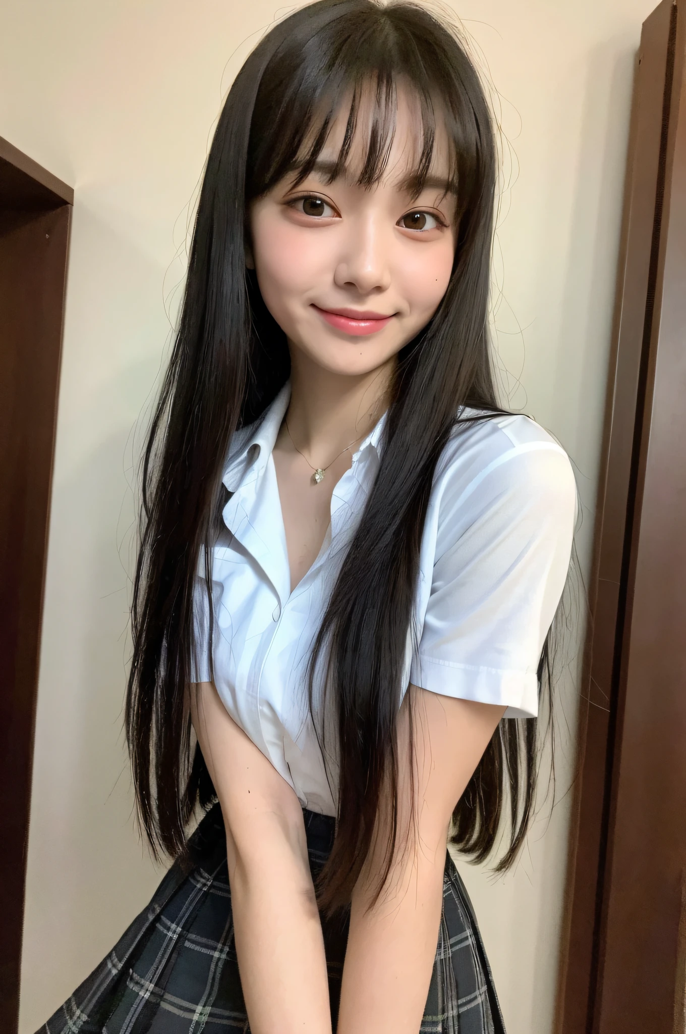 (8k, RAW photos, top quality, masterpiece: 1.2), ultra detailed, super resolution, (real, real photos: 1.37), portraits, high definition RAW color photos, professional photos, very detailed and beautiful, highly detailed, 8k wallpapers, amazing details, huge file size, official art, highly detailed CG Unity 8k wallpapers, highly detailed beautiful girls, highly detailed faces Highly detailed eyes, highly detailed skin, highly detailed fingers, Highly detailed nose, Highly detailed mouth, Perfect anatomy, Highly detailed background, Highly detailed clothing, One Girl, (18:1.2), teen, cute girl, famous Japan idol, cute, realistic body, petite, white skin, radiant skin, slim body, handsome body, black hair, long straight hair, (blunt bangs :1.2), smile, cute, youthful, cute face, realistic face, delicate eyes, sagging eyes, school uniform, skirt, camera gaze, cowboy shot, front facing, standing figure, contrappost, in the room, organized room, dynamic lighting, big breasts,