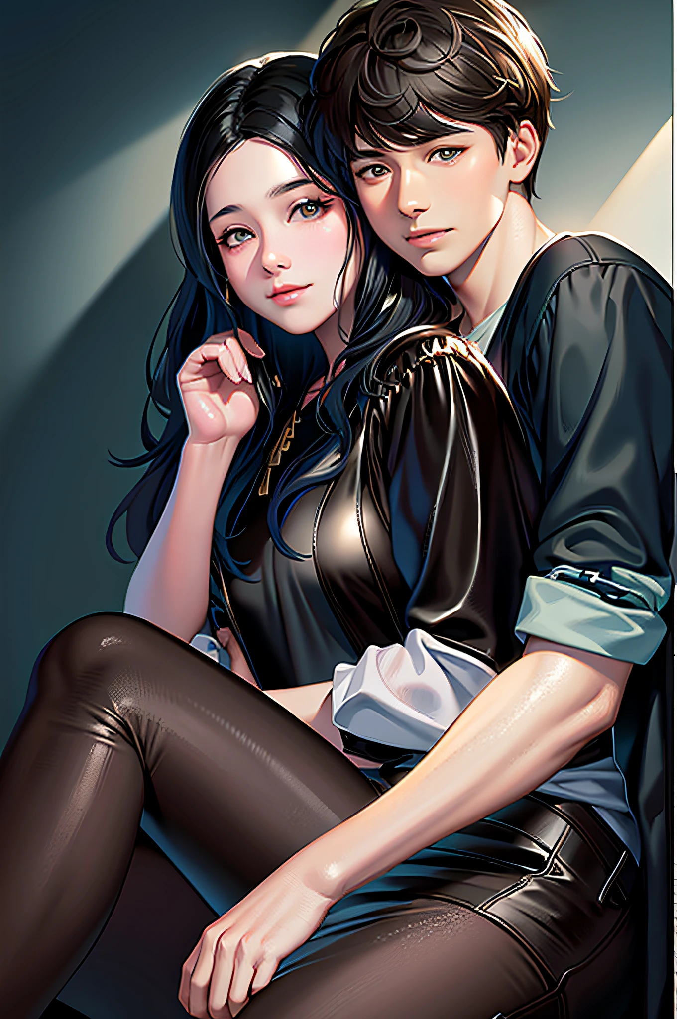 They sit on the couch together and pose in Bowater's art style, photorealistic photography, and realistic art style!!!!!!! Art style made in anime painter studio, couple pose, Gwaitz style artwork, photorealistic art style, realism art style, brown eyes, masterpiece, beautiful Japan couple, very detailed and dramatic lighting, Artstation 8k HD high-definition and trending digital art detailed realistic, detailed, skin texture, super detailed, realistic skin texture Armature, Top Quality, Ultra High Resolution, (Photorealistic: 1.4), High Resolution, Detail, Raw Photography, Sharp Re, Lee Jefferies Nikon D850 Film Stock Photo 4 Kodak Portra 400 Camera F1.6 Lens Rich colors Ultra-realistic textures Dramatic lighting Unreal Engine Trending at Art Station Cinestill 800