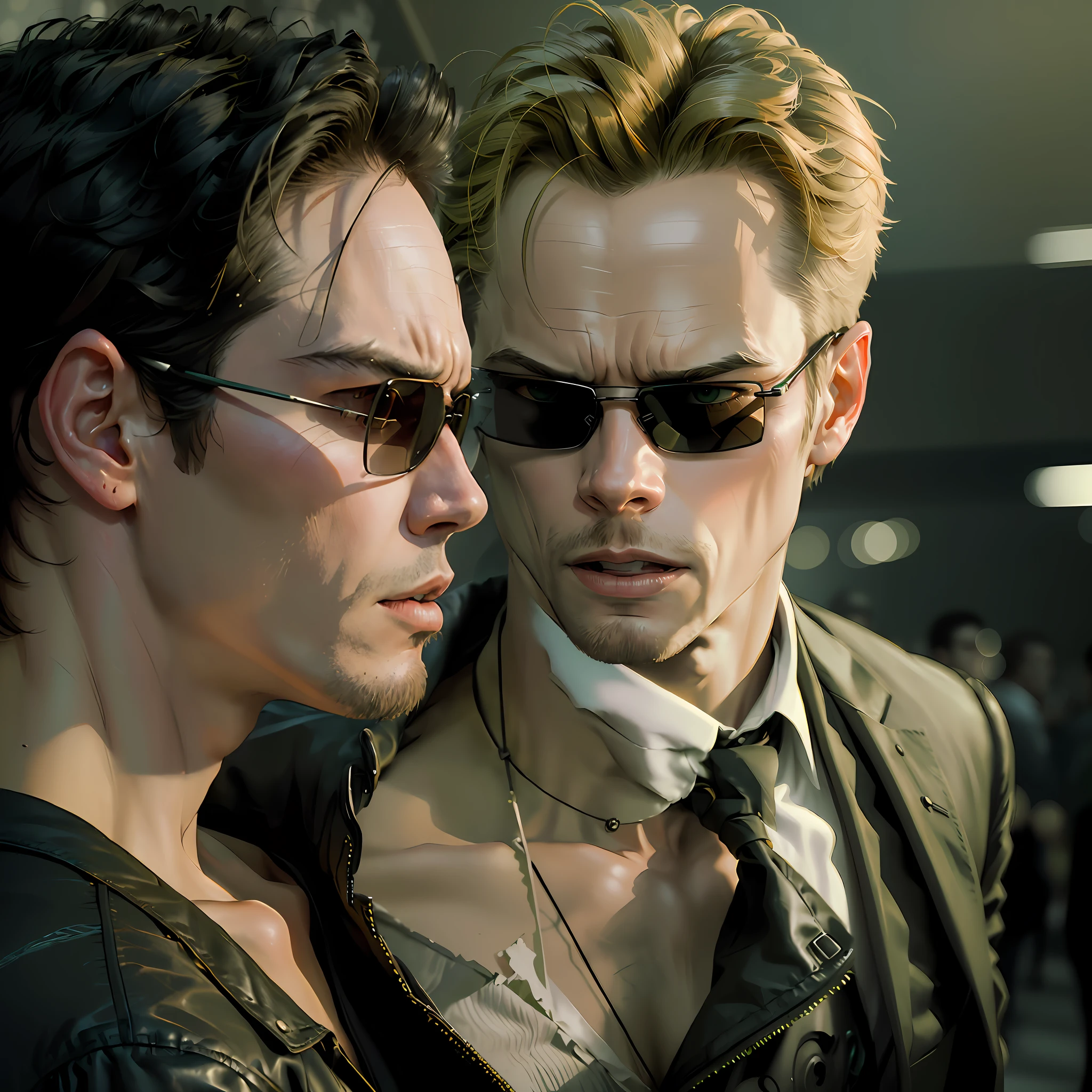 ((best quality)), ((masterpiece)), (detailed) fan art of (neo from the matix) head, ((neo from matrix face)) looking away, keanu reaves, the matrix (1999), sunglasses, night, 80mm, ((western animation)), (neo the matrix (1999)), (short hair), (tokyo street nights), ((back of the head)), ((profile))