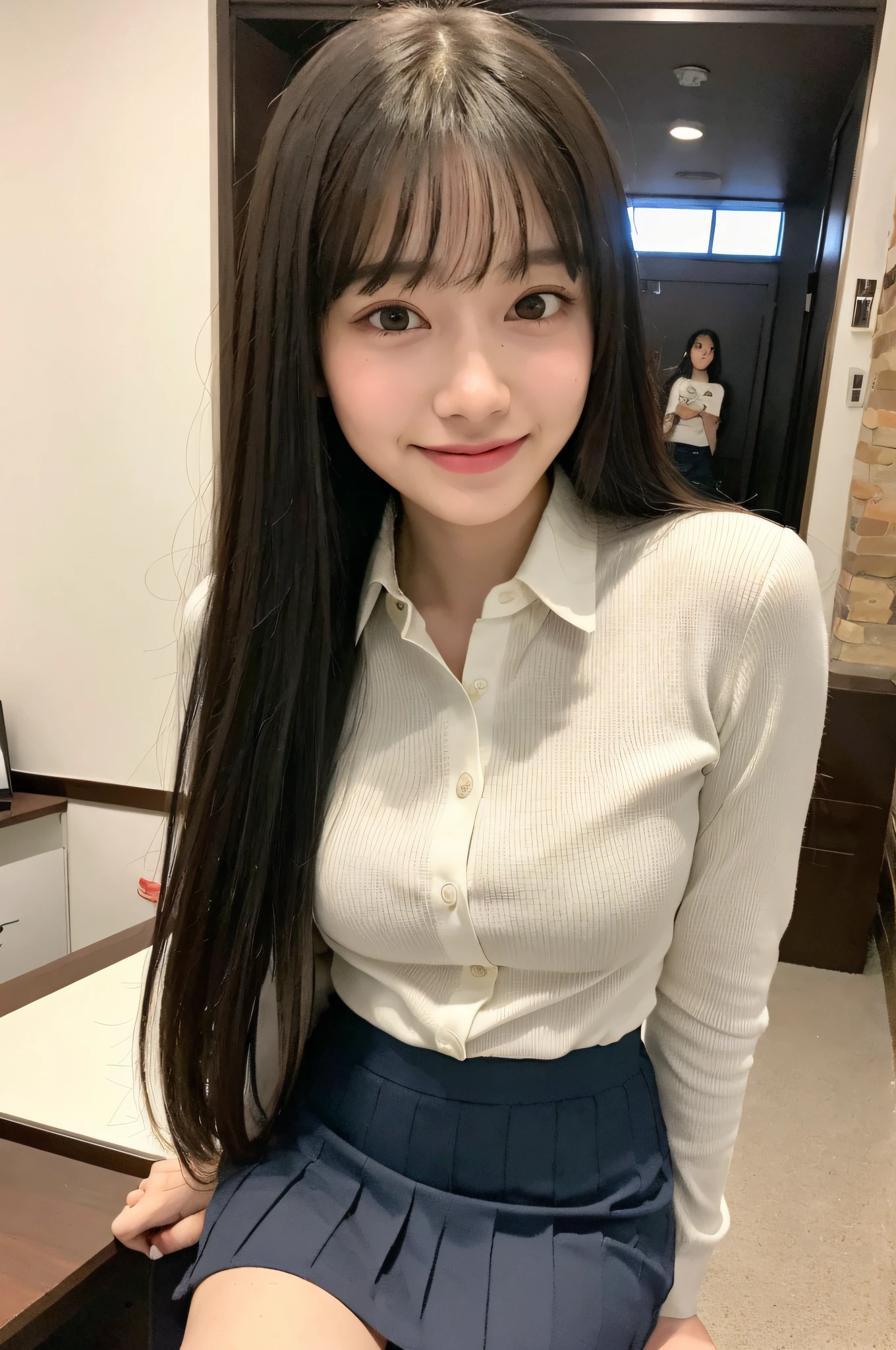 (8k, RAW photos, top quality, masterpiece: 1.2), ultra detailed, super resolution, (real, real photos: 1.37), portraits, high definition RAW color photos, professional photos, very detailed and beautiful, highly detailed, 8k wallpapers, amazing details, huge file size, official art, highly detailed CG Unity 8k wallpapers, highly detailed beautiful girls, highly detailed faces Highly detailed eyes, highly detailed skin, highly detailed fingers, Highly detailed nose, Highly detailed mouth, Perfect anatomy, Highly detailed background, Highly detailed clothing, One Girl, (18:1.2), teen, cute girl, famous Japan idol, cute, realistic body, petite, white skin, radiant skin, slim body, handsome body, black hair, long straight hair, (blunt bangs :1.2), smile, cute, youthful, cute face, realistic face, delicate eyes, sagging eyes, school uniform, skirt, camera gaze, cowboy shot, front facing, standing figure, contrappost, in the room, organized room, dynamic lighting, big breasts,
