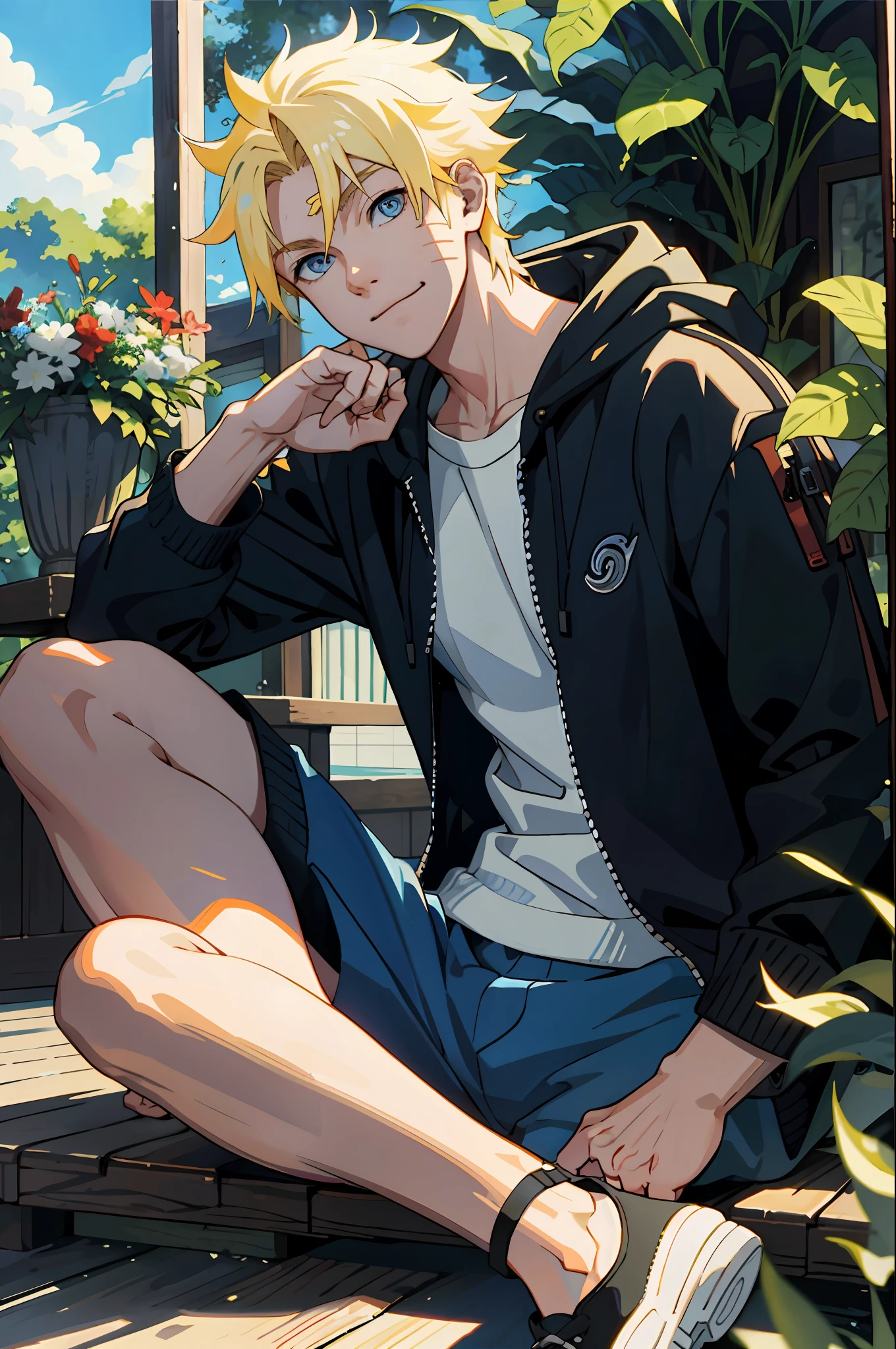 masterpiece, solo, best quality, 1 male, young adult, tall muscular, handsome, finely detailed eyes, intricate details, casual clothes, oversized hood, shorts, tennis shoes, messy blonde hair, mid length hair, complex pattern, best light and shadow, background is inside of house, sitting, dappled sunlight, day, depth of field, plants, summer, colorful, artistic, depth of field, smile, closed mouth, blue eyes, uzumaki naruto