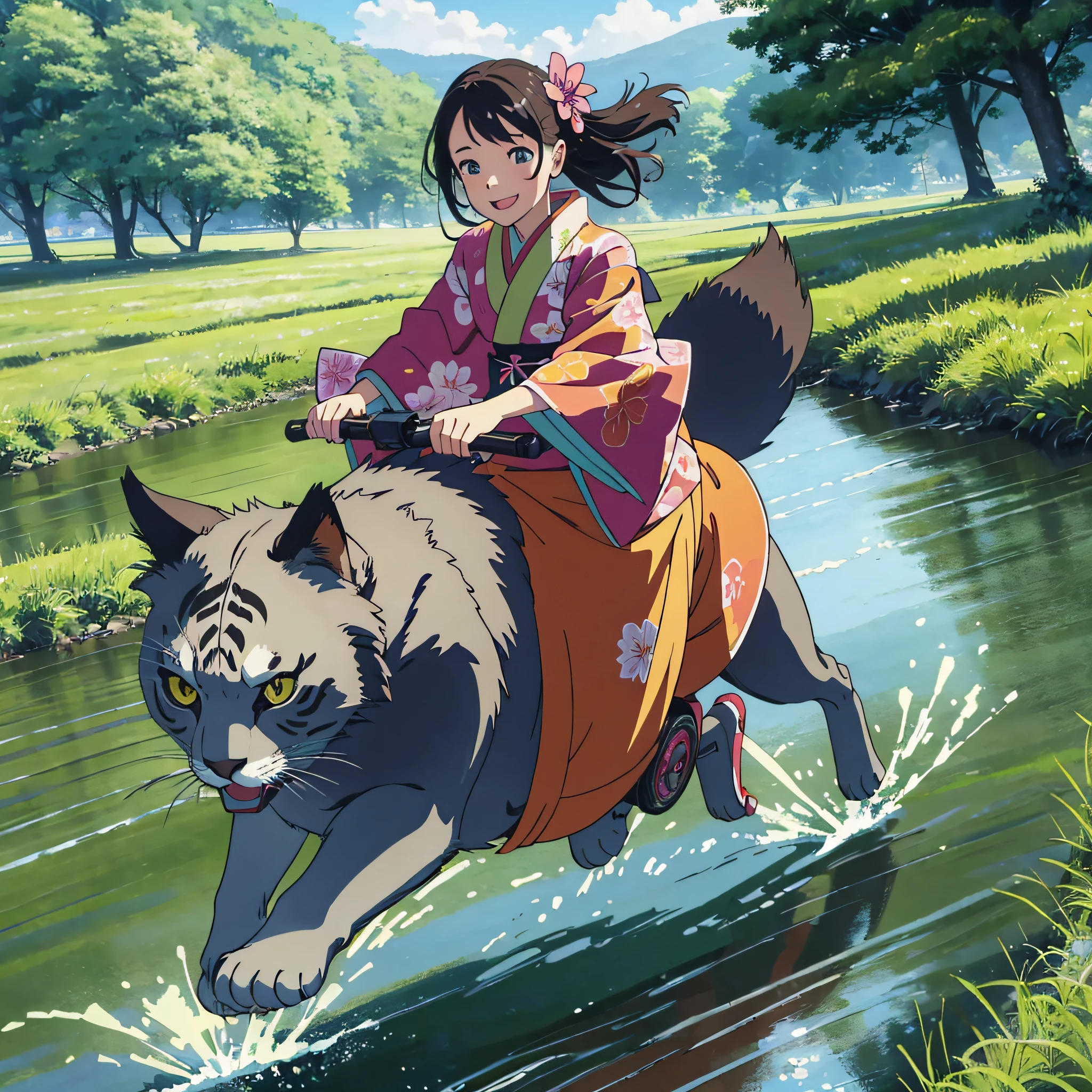 Happy looking girl in kimono riding a big cat and running in the summer meadow. Jump over puddles, ground threaded angle