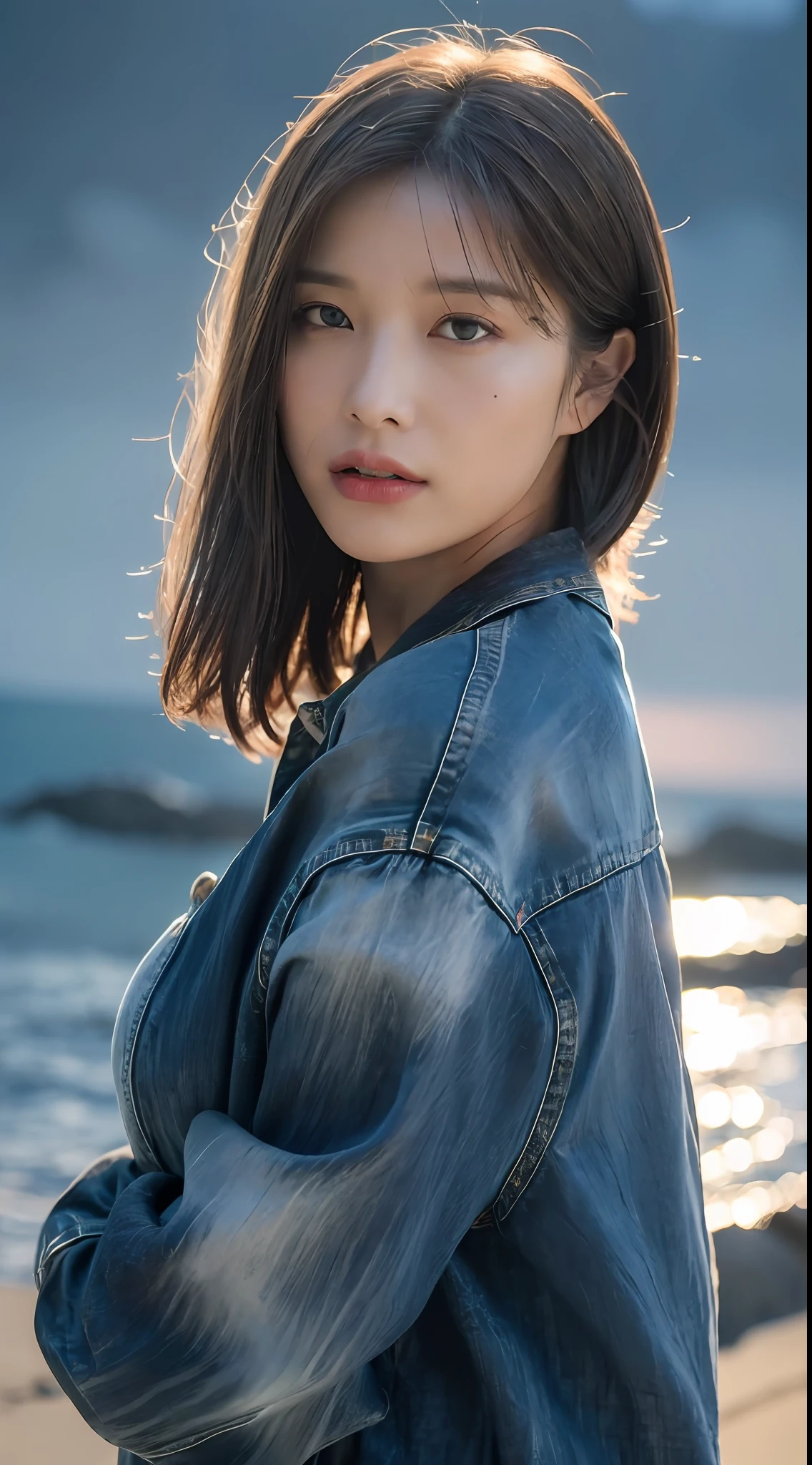 ((Best Quality, 8K, Masterpiece:1.3)), Focus:1.2, Perfect Body Beauty:1.4, Buttocks:1.2, ((Layered Haircut, Breasts:1.1)), Highly detailed face and skin texture, Detailed eyes, Double eyelids, Whitened skin, Short hair, Delicate fingers, (Shut up: 1.3), Full body, dark, dark shadows, rugged award-winning portrait photos, (Facial Focus: 1.5), (Storm: 1.2), (Waves: 1.3), Ocean, (Lighthouse Background: 1.5), (Denim Lens: 1.4), (Yellow Low-cut Shirt: 1.3), Looking at the Viewer, Realistic, Masterpiece, Highest Quality, Backlight, (Lens Flower: 1.1), (Halo: 1.1), (Chromatic Aberration: 1.1), by Jeremy Lipking, by Antonio J. Manzanedo, by Lee jeffries nikon d850 film stock photograph 4 kodak portra 400 camera f1.6 lens rich colors hyper realistic lifelike texture dramatic lighting unrealengine trending on artstation cinestill 800