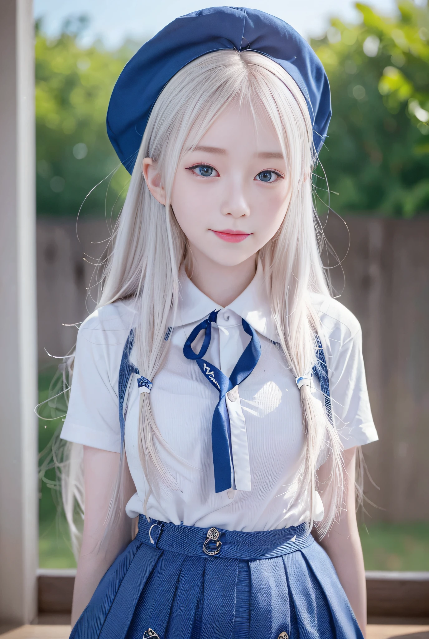 1girl, white skin, korean, young, long hair, bright blue eyes, thick eyebrows, freckles on skin, head tilted, one ear out, smiling, school uniform, wide thighs, wide thigh gap, at school, high detail, 8k, super detail, highres, best quality, high quality, high details, textured skin, masterpiece