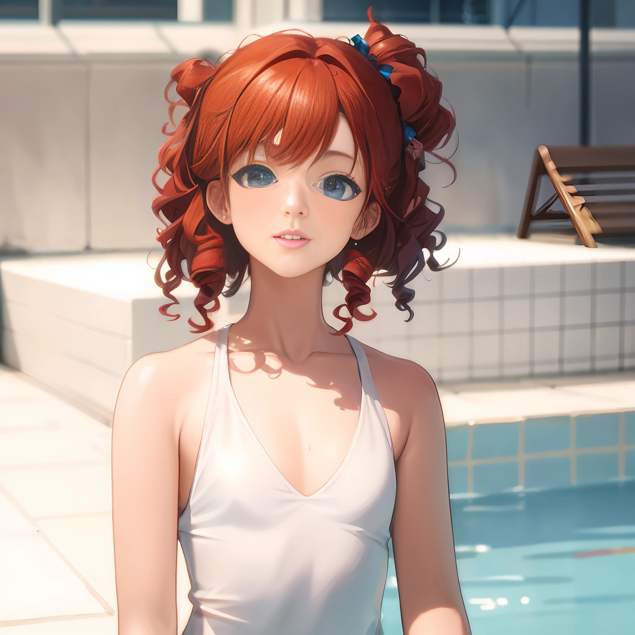 anime girl with red hair and blue eyes standing in front of a pool, photorealistic anime girl render, painted in anime painter studio, smooth anime cg art, made with anime painter studio, realistic anime 3 d style, realistic anime artstyle, detailed digital anime art, stylized anime, rin, kawaii realistic portrait, render of april, anime moe artstyle