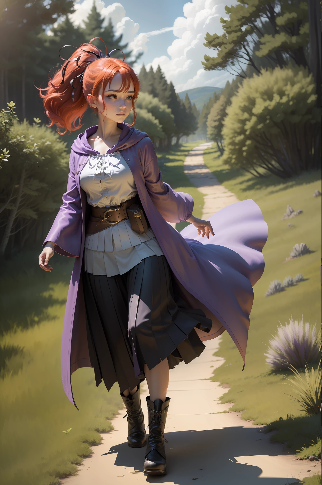 masterpiece, best quality, wynn, girl, hair ribbon, purple robe, white shirt, belt, black skirt, boots, wide shot, beautiful witch with red hair, pastel colors, looking at the viewer, furrowed eyebrow, running, wind, trees, mystical forest, dense foliage, grass, sky, clouds, from above