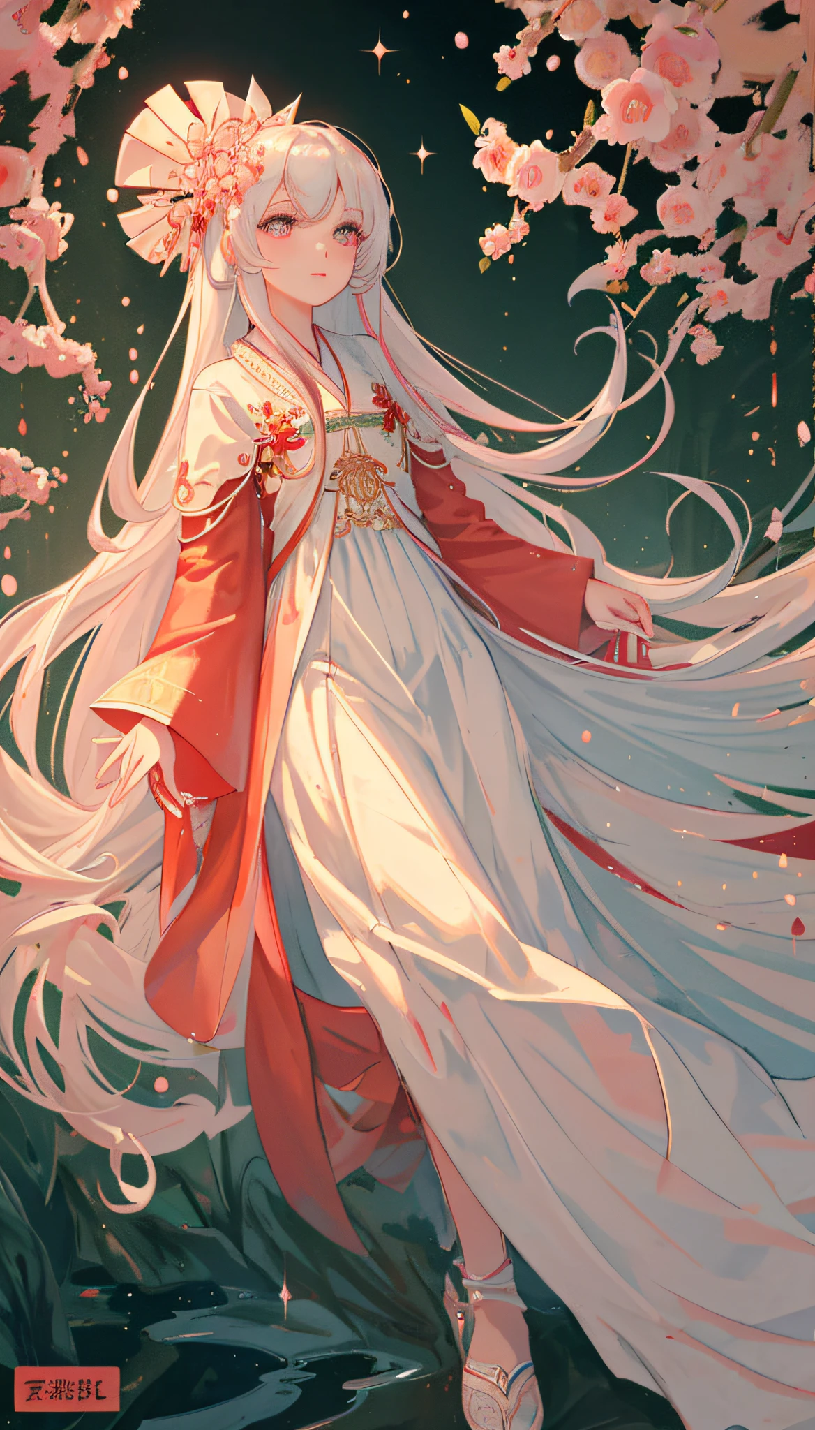 There is a girl in a green dress, plum blossoms, palaces, oriental architecture ray tracing, {best quality}, {{masterpiece}}, extremely detailed 8K wallpaper, {an extremely delicate and beautiful}, colorful, intricately detailed, Realistic, real, camera quality, (detailed depiction of clothes), cool white skin, (detailed depiction of blush), 1080p, sun, soft cuteness, smooth light silver hair, messy beauty, lighting, broken feeling, bright and silky skin , 3D stereoscopic, masterpiece, best quality, super fine illustration, beautiful eyes, very fine light, fine glow, very fine 8K CG wallpaper, peach eyes, red pupils, an extremely delicate and beautiful girl, 8k Wallpaper, best quality, full body close-up, white long dress, luxurious silky bright red chiffon floodlight (magic, glitter, ultra-thin, soft,) Hanfu