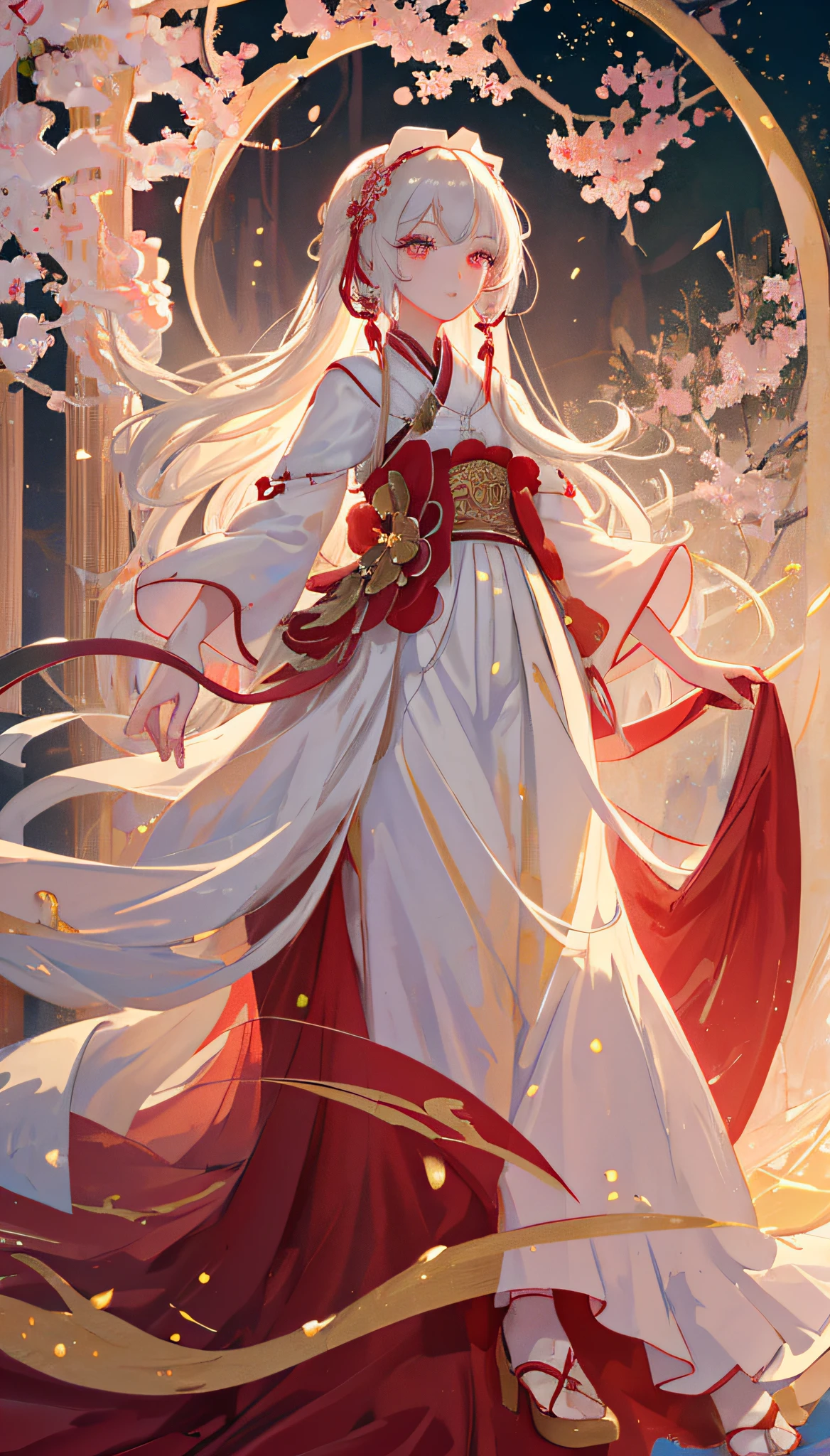 There is a girl in a green dress, plum blossoms, palaces, oriental architecture ray tracing, {best quality}, {{masterpiece}}, extremely detailed 8K wallpaper, {an extremely delicate and beautiful}, colorful, intricately detailed, Realistic, real, camera quality, (detailed depiction of clothes), cool white skin, (detailed depiction of blush), 1080p, sun, soft cuteness, smooth light silver hair, messy beauty, lighting, broken feeling, bright and silky skin , 3D stereoscopic, masterpiece, best quality, super fine illustration, beautiful eyes, very fine light, fine glow, very fine 8K CG wallpaper, peach eyes, red pupils, an extremely delicate and beautiful girl, 8k Wallpaper, best quality, full body close-up, white long dress, luxurious silky bright red chiffon floodlight (magic, glitter, ultra-thin, soft,) Hanfu