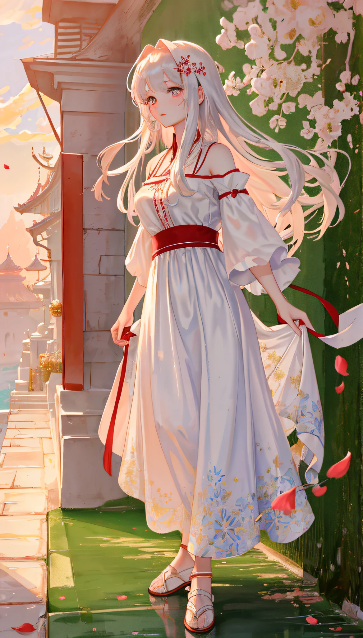 There is a girl in a green dress, plum blossoms, palaces, oriental architecture ray tracing, {best quality}, {{masterpiece}}, extremely detailed 8K wallpaper, {an extremely delicate and beautiful}, colorful, intricately detailed, Realistic, real, camera quality, (detailed depiction of clothes), cool white skin, (detailed depiction of blush), 1080p, sun, soft cuteness, smooth light silver hair, messy beauty, lighting, broken feeling, bright and silky skin , 3D stereoscopic, masterpiece, best quality, super fine illustration, beautiful eyes, very fine light, fine glow, very fine 8K CG wallpaper, peach eyes, red pupils, an extremely delicate and beautiful girl, 8k Wallpaper, best quality, full body close-up, white long dress, luxurious silky bright red chiffon floodlight (magic, glitter, ultra-thin, soft,) Hanfu