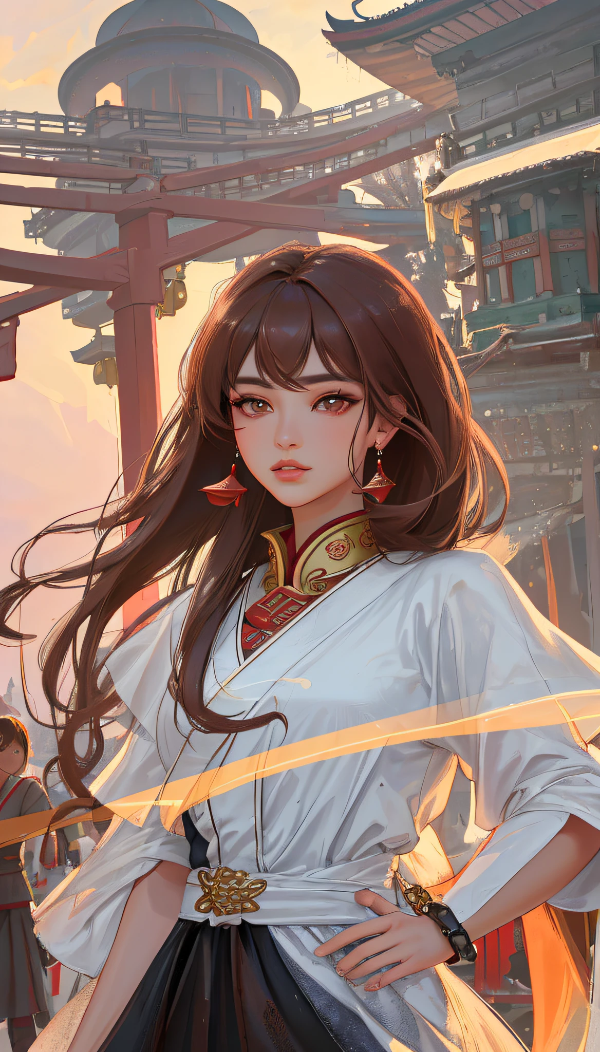 (Best Quality: 1.3, Masterpiece: 1.3), Ultra HD, (1girl, solo), atmospheric perspective, fine face, upper body, makeup, pink lips, cleft lips, shiny skin, (brown hair), extra long hair, looking in front of the audience, red eyes, earrings, small breasts, slim figure, (white silk), (((East Asian architecture, riverside, beautiful background))), perfect lighting, (frontal lighting), physical base rendering,
