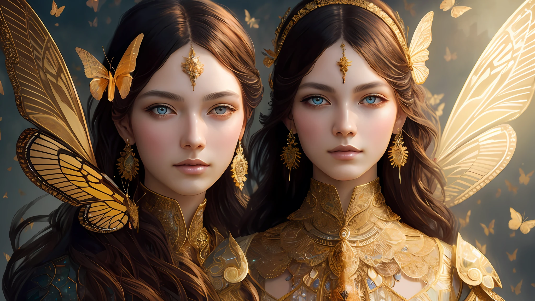 8K portrait of a beautiful cyborg with brown hair, intricate and elegant, very elaborate, majestic digital photograph, art surreal painting by artgerm, Ruan Jia and greg Rutkowski Gold butterfly filigree, broken glass (masterpiece, sidelights, elaborate beautiful eyes: 1.2), HDR