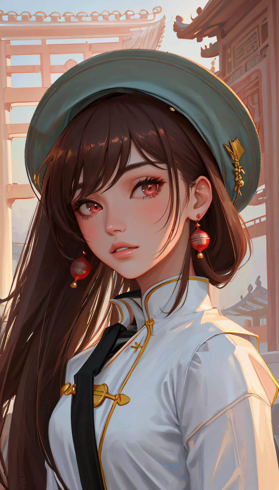 (Best Quality: 1.3, Masterpiece: 1.3), Ultra HD, (1girl, solo), atmospheric perspective, fine face, upper body, makeup, pink lips, cleft lips, shiny skin, (brown hair), extra long hair, looking in front of the audience, red eyes, earrings, small breasts, slim figure, (white silk), (((East Asian architecture, riverside, beautiful background))), perfect lighting, (frontal lighting), physical base rendering,