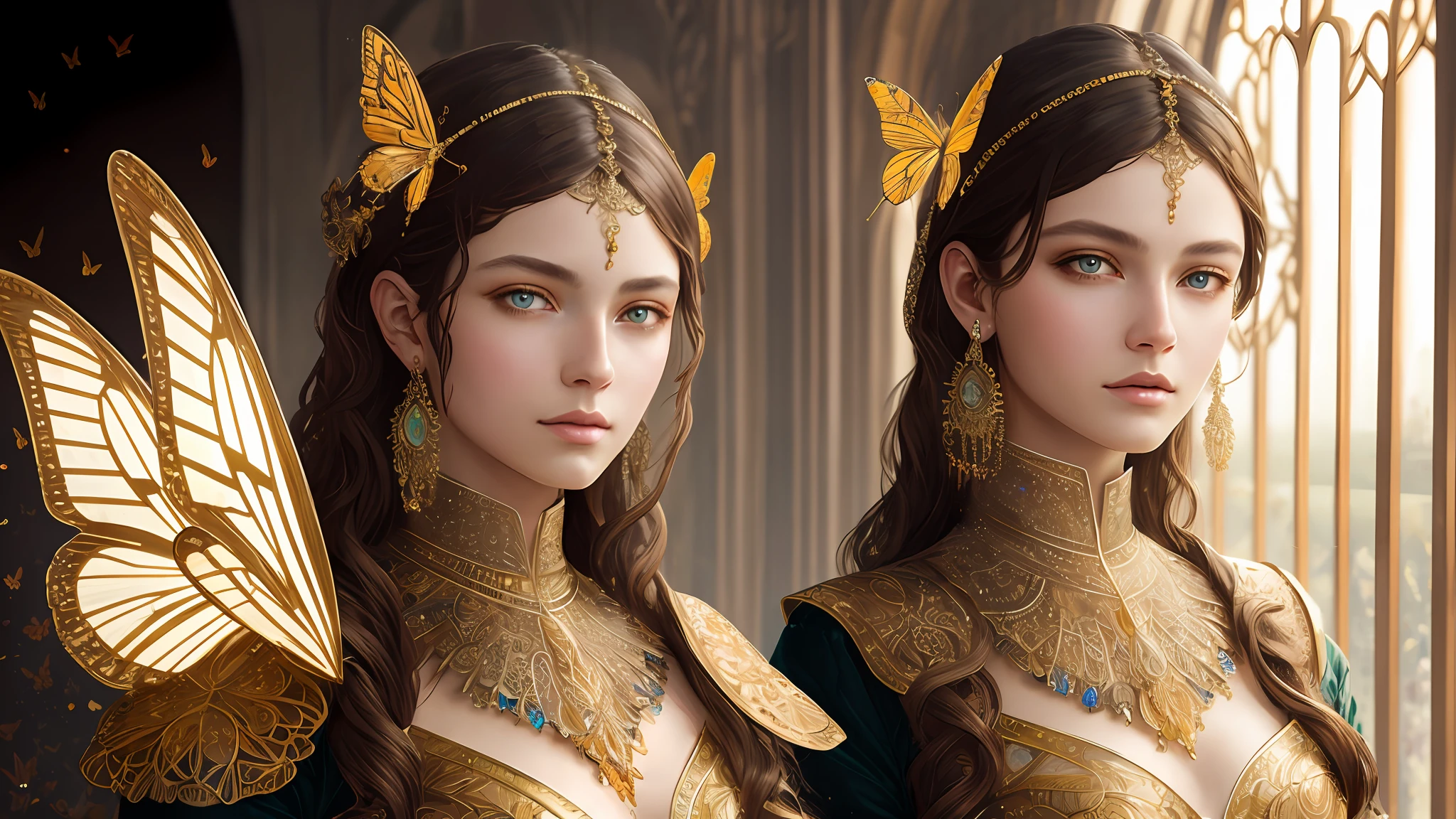 8K portrait of a beautiful cyborg with brown hair, intricate and elegant, very elaborate, majestic digital photograph, art surreal painting by artgerm, Ruan Jia and greg Rutkowski Gold butterfly filigree, broken glass (masterpiece, sidelights, elaborate beautiful eyes: 1.2), HDR