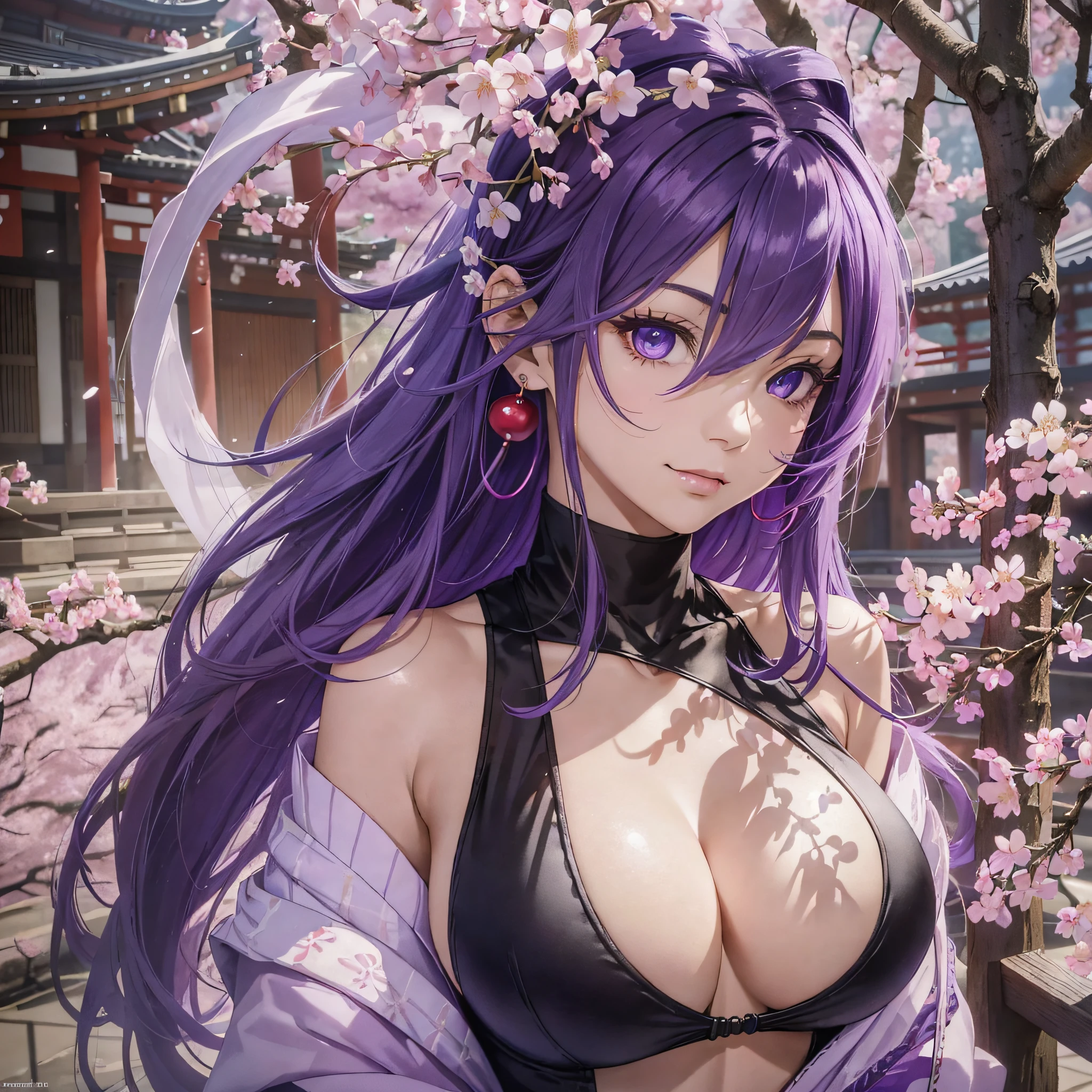 (Masterpiece, Superb Quality, 1girl, Solo, Intricate Detail, Color Aberration), Realism, ((Medium Breath)), Bare Shoulder, Smile, Bikini, Big Breasts, Sexy, Raiden General, Thor, Genshin, Swimsuit, Big Breasts, (Masterpiece: 1.4), (Best Quality: 1.4), (Photorealistic, Realistic: 1.2), Long purple hair, purple headdress, purple highlight, hair above one eye, Purple eyes, earrings, sharp eyes, perfectly symmetrical figure, choker, neon shirt, open jacket, dim light, looking at the audience, ((mean, seductive, charming)), ((cherry blossom background)))), (((Japanese temple background))), (((glow-in-the-dark background))) --auto --s2