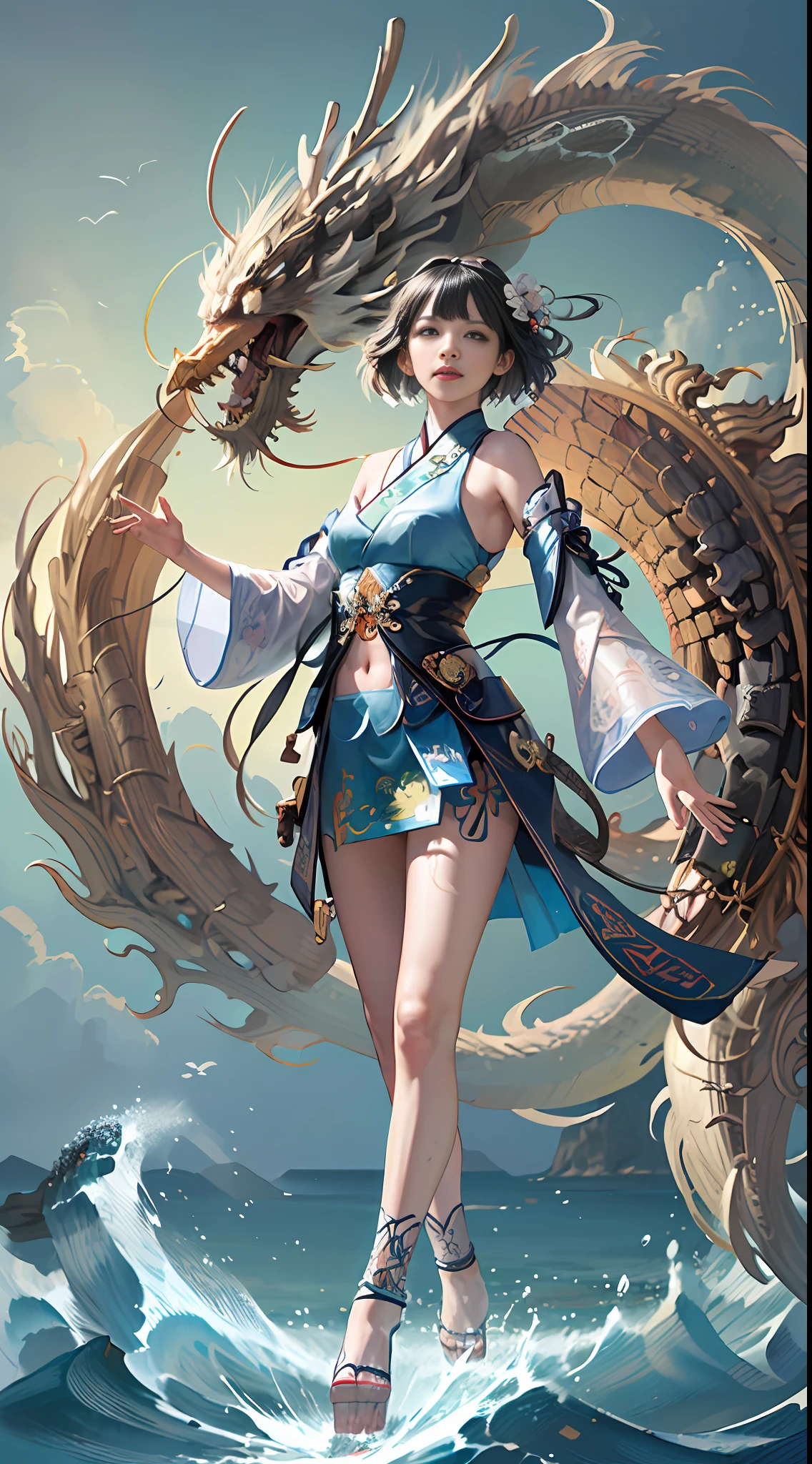 Official Art, Unified 8K Wallpapers, Ultra Detailed, Beautiful and Aesthetic, Masterpiece, Best Quality, (Zentangle, Tangle, Entangle), (fractal art: 1.4), (character center: 1.3), 1girl, black hair, Chinese, off-the-shoulders, short skirt, calf, navel, very detailed, dynamic angle, cowboyshot, (most beautiful form of chaos), ethereal, (bright colors), oc, (half: 1.2), china, (thangka flying sky: 1.5), (ribbon: 1.3), (dream: 1.5), (hanfu: 1.5), Chinese dragon, Chinese phoenix, (smile: 0.5), ( Chinese deities),