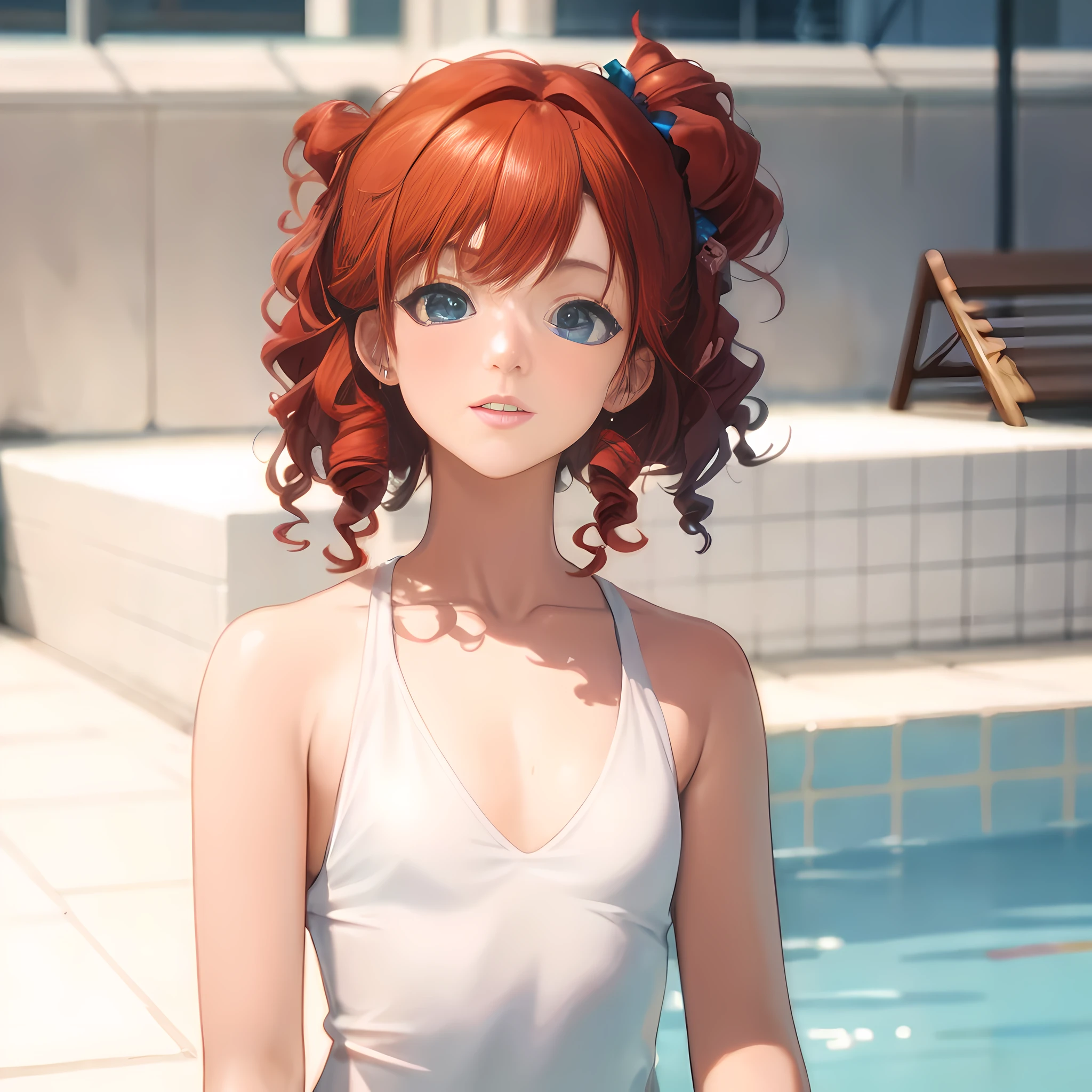 anime girl with red hair and blue eyes standing in front of a pool, photorealistic anime girl render, painted in anime painter studio, smooth anime cg art, made with anime painter studio, realistic anime 3 d style, realistic anime artstyle, detailed digital anime art, stylized anime, rin, kawaii realistic portrait, render of april, anime moe artstyle
