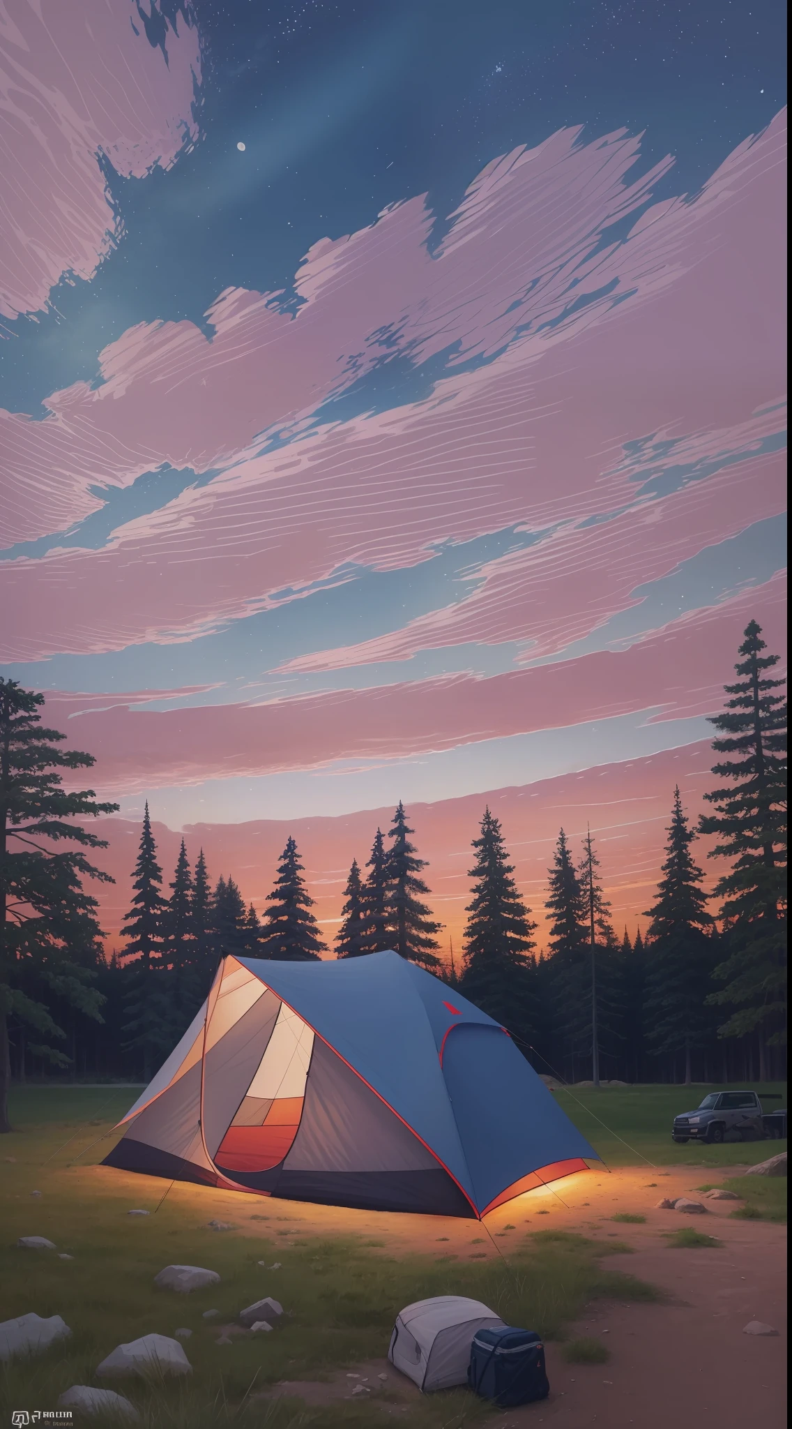 In this painting, we enter a fascinating camping scene. In most areas of the picture, we see dense trees that make up the natural vaulted skylights. The sunlight shines through the slightly swaying treetops and spills onto the ground, unable to form a clear light and shadow, but softly illuminating the whole picture.

The focal point in the center of the frame is a delicate tent drawn by AI, which she subtly blends into her surroundings. On the left side of the tent there is a bonfire, the light of which dances in the breeze, stringing together the warm atmosphere of the whole camping night. Around the campfire are comfortable folding chairs for campers to sit and chat, gaze and spend quality time together.

In the lower right corner of the picture we can see a leisurely traveler. He stretched out his limbs, lay on the mat, and raised his head slightly to admire the dark blue gradient of the sky. Perhaps he has stories in his heart, waiting for other friends around the campfire to join him in brainstorming and sharing his travels.

The background of the picture is slightly empty, a vast blue sky, combined with melodious white clouds, injecting a touch of vitality into the painting. It is reassuring, as if you are truly immersed in the peace, peace and beauty in the embrace of nature.
Unreal Engine, High Detail, ArtStation Trend, 16K, Ultra Wide Angle, Mood Lighting – AR 9:16 – Quality 3 –s 150 --auto --s2