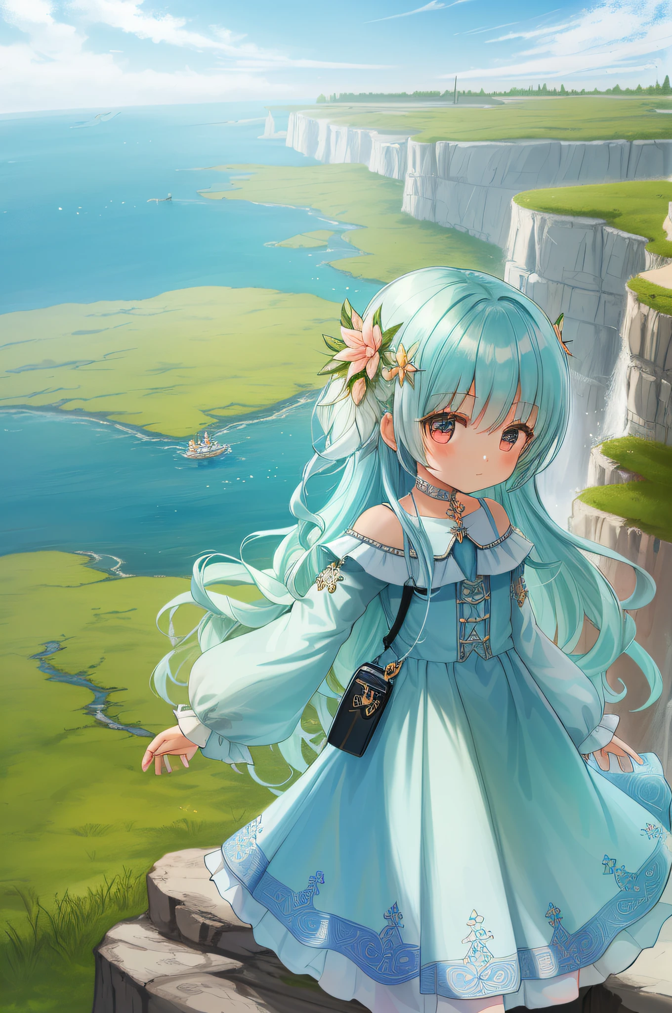(cute, beautiful, mesmerizing),(insane details, extremely detailed),(a chibi from Sky children of the light looking over a cliff in daylight prairie, from the back, kid, long kids frock),(camera exactly from the back).