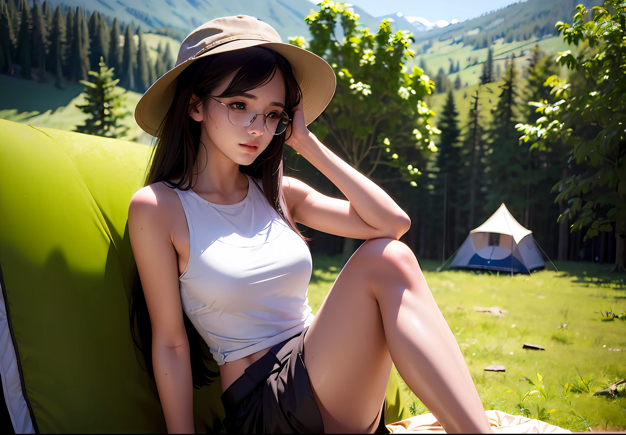 (((masterpiece))), (((1girl))), camp, tent, campsite, bonfire,Long Black Hair, brown eyes, mature female, military visor cap, Medium breasts, Glasses, brown satchel, Wrap around skirt, white tank top, Khaki brown trench coat, camp ground, sweating, grumpy, raining