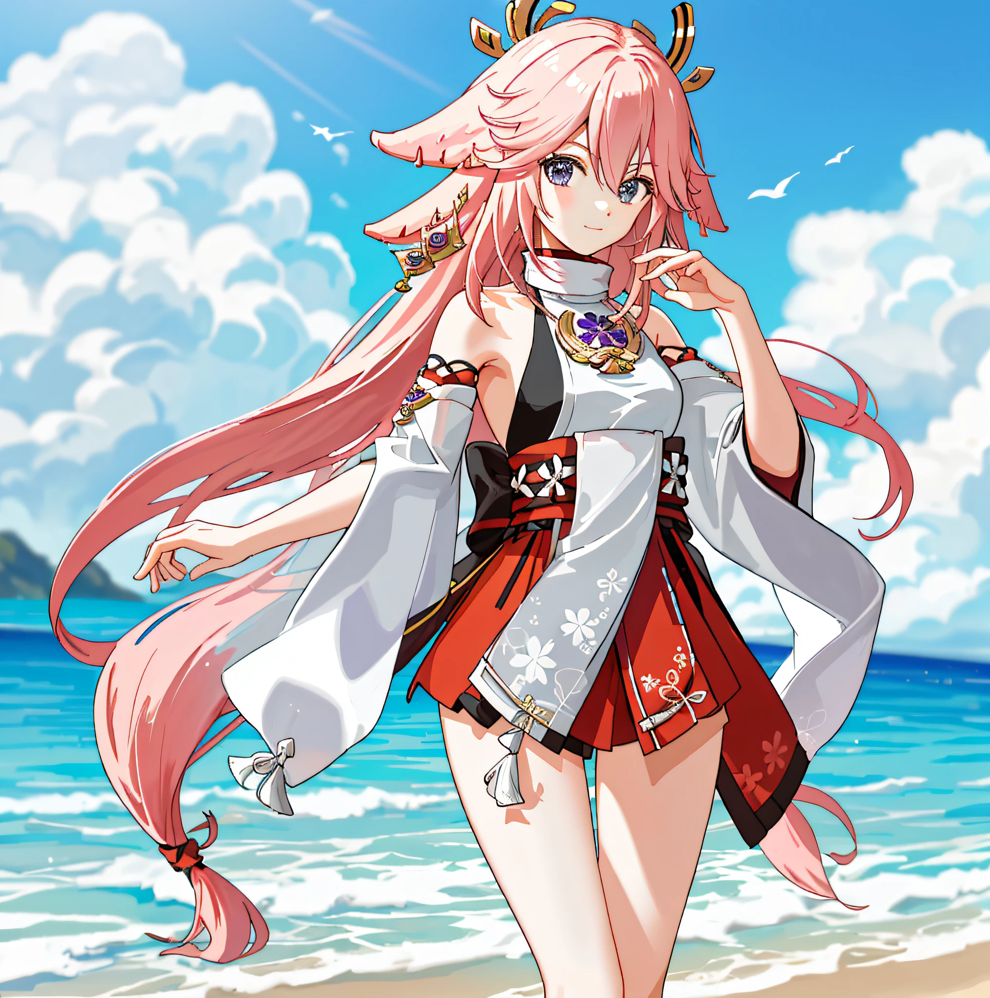 yae miko standing in bikini at the beach