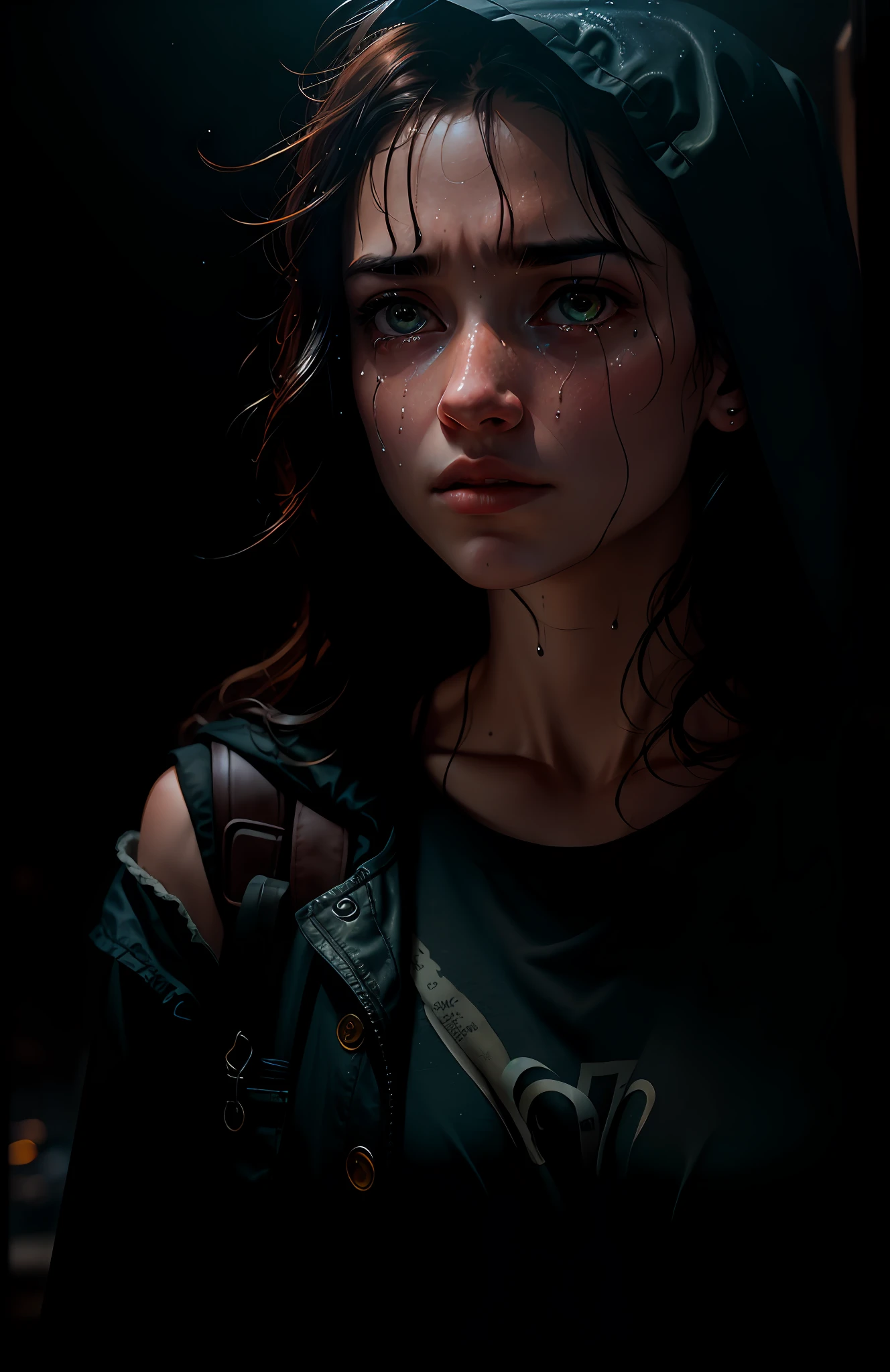 dark, deep shadows, rugged award-winning portrait photo ,best quality, masterpiece, super high resolution, (fidelity:1.4), photo, 1 girl,[(sad)],white shirt, dim, darkness, despair, pity, poor, movie, tears, teardrops, (torn clothes: 1.5), (wet clothes: 1.4), bare shoulders, real rain, wet hair,.., realistic, masterpiece, highest quality, backlit, (Lens flare: 1.1), (flare: 1.1), (chromatic aberration: 1.1), by Jeremy Lipking, by Antonio J. Manzanedo, Nikon D850 film stock photograph 4 Kodak Portra 400 camera f1.6 lens rich colors hyper realistic lifelike texture dramatic lighting unrealengine trending on artstation cinestill 800