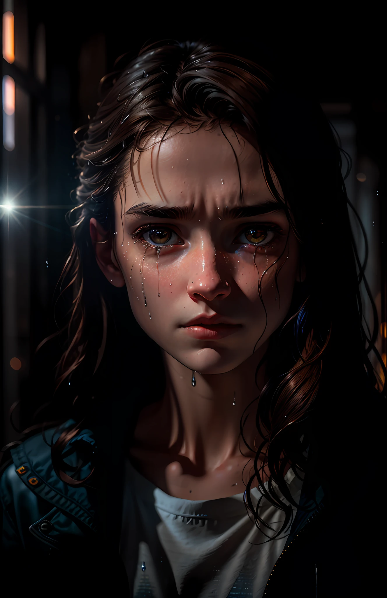 dark, deep shadows, rugged award-winning portrait photo ,best quality, masterpiece, super high resolution, (fidelity:1.4), photo, 1 girl,[(sad)],white shirt, dim, darkness, despair, pity, poor, movie, tears, teardrops, (torn clothes: 1.5), (wet clothes: 1.4), bare shoulders, real rain, wet hair,.., realistic, masterpiece, highest quality, backlit, (Lens flare: 1.1), (flare: 1.1), (chromatic aberration: 1.1), by Jeremy Lipking, by Antonio J. Manzanedo, Nikon D850 film stock photograph 4 Kodak Portra 400 camera f1.6 lens rich colors hyper realistic lifelike texture dramatic lighting unrealengine trending on artstation cinestill 800