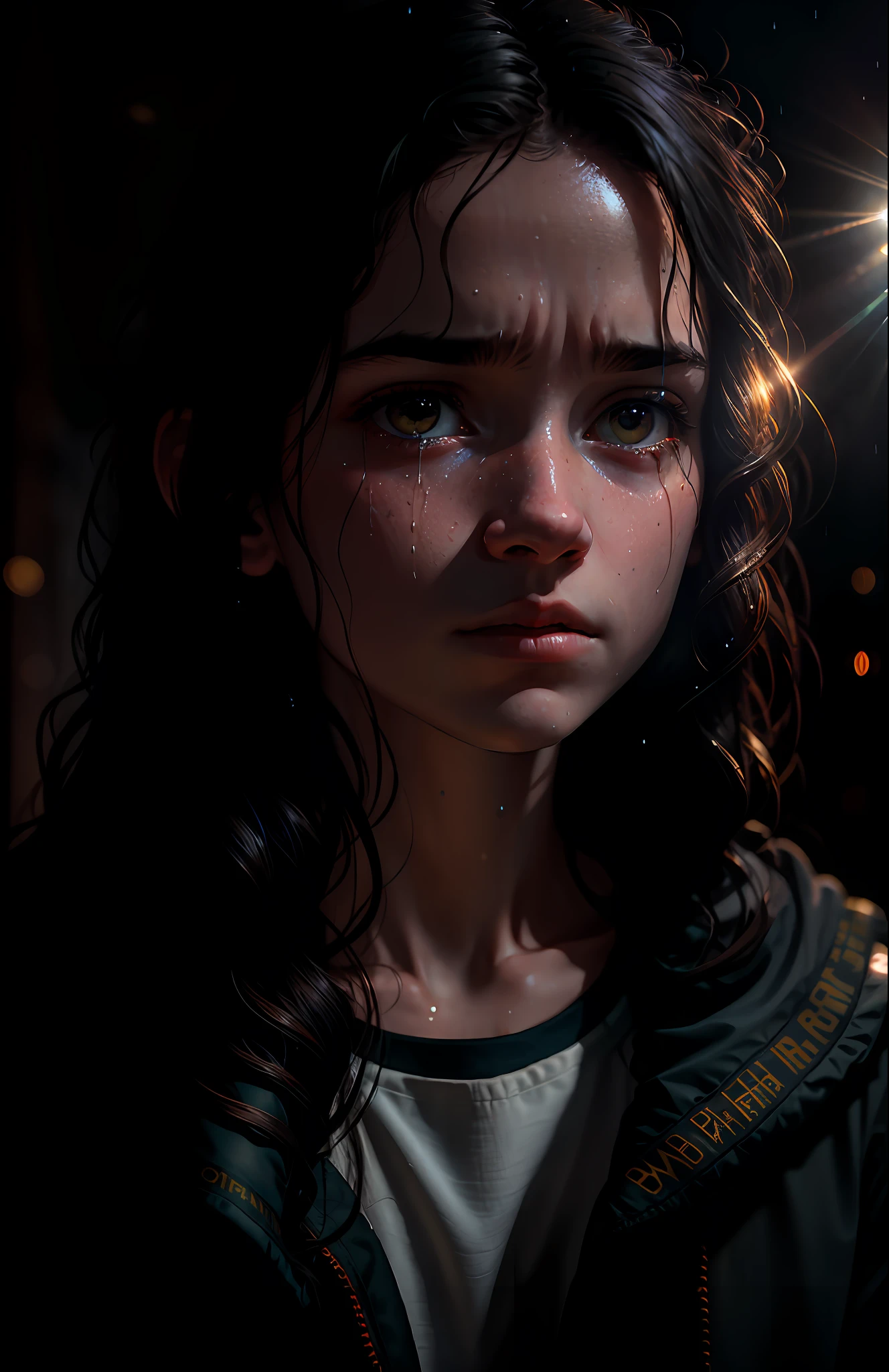 dark, deep shadows, rugged award-winning portrait photo ,best quality, masterpiece, super high resolution, (fidelity:1.4), photo, 1 girl,[(sad)],white shirt, dim, darkness, despair, pity, poor, movie, tears, teardrops, (torn clothes: 1.5), (wet clothes: 1.4), bare shoulders, real rain, wet hair,.., realistic, masterpiece, highest quality, backlit, (Lens flare: 1.1), (flare: 1.1), (chromatic aberration: 1.1), by Jeremy Lipking, by Antonio J. Manzanedo, Nikon D850 film stock photograph 4 Kodak Portra 400 camera f1.6 lens rich colors hyper realistic lifelike texture dramatic lighting unrealengine trending on artstation cinestill 800
