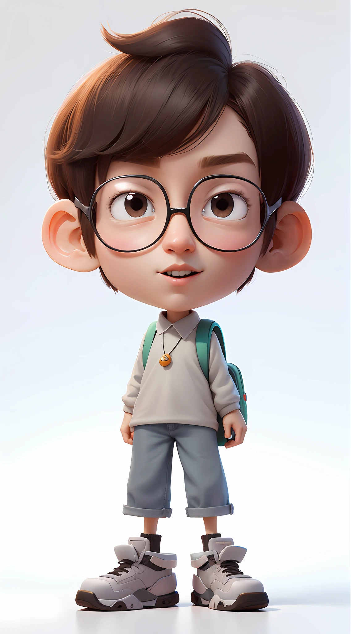 cartoon boy with backpack in front of a white background, animation character, 3d character, 3d character, arnold maya rendering, close-up character, 3d character rendering, cute cartoon character, toon render keyshot, pixar renderman rendering, highly detailed character, stylized character, cartoon character, cute 3d rendering, maxwell rendering,  half-party hairstyle, pixar style,