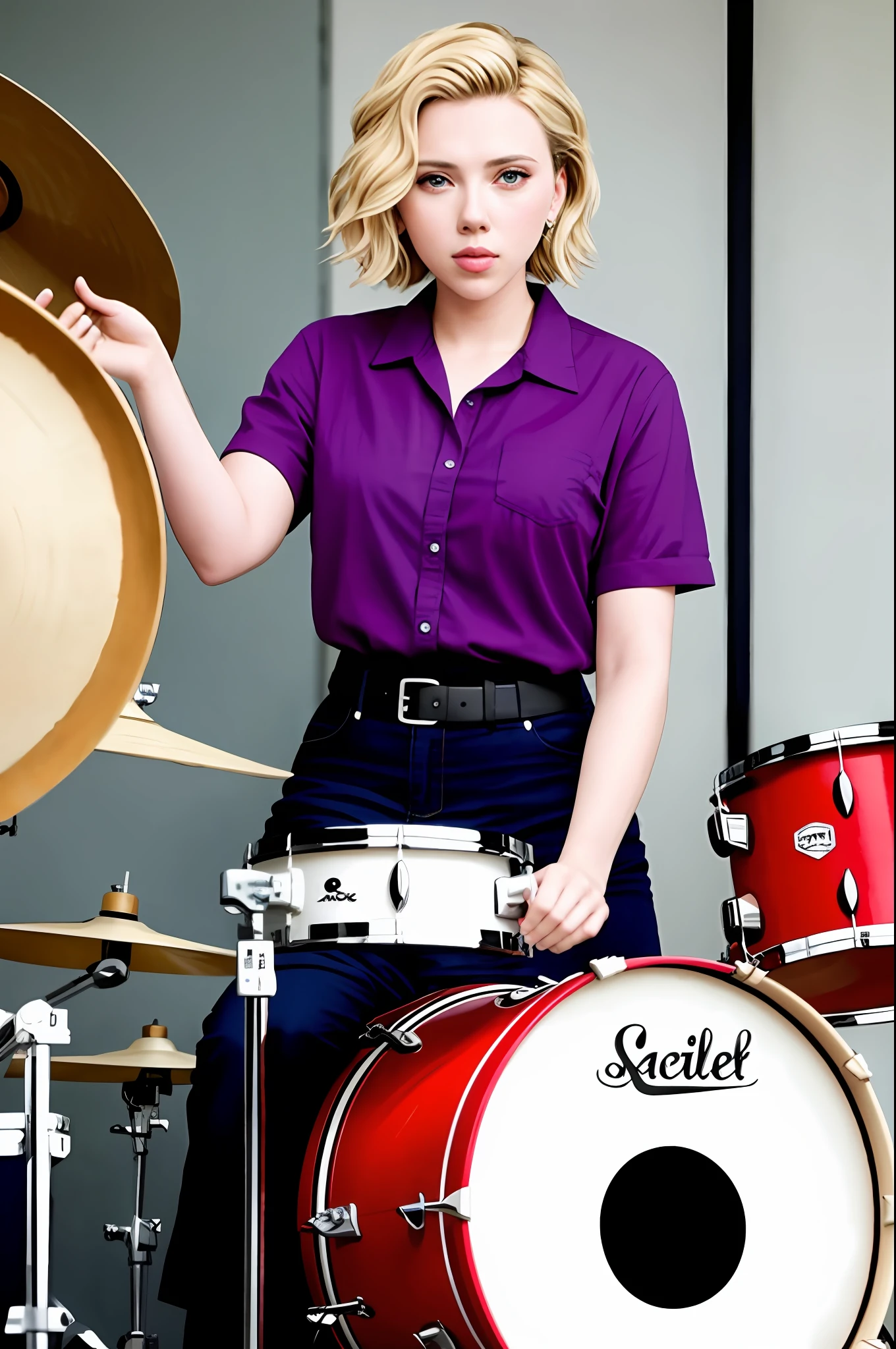Actress Scarlett Johansson aged 30, playing drums