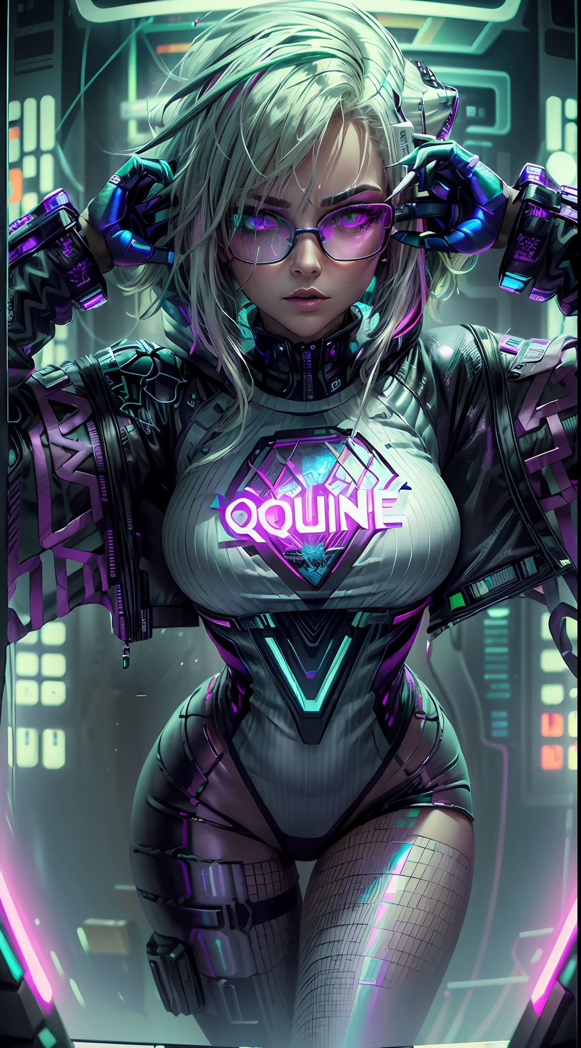 ((Best Quality)), ((Masterpiece)), (Very detailed: 1.3), 3D, NeonNoir, beautiful cyberpunk woman, (wearing thick and high-tech holographic glasses: 1.2), wearing a cape, hacking into a computer terminal, purple neon on the monitor, green neon sign on the wall, (((short white hair: 1.1))), (queen \\ (cold expression\\)
