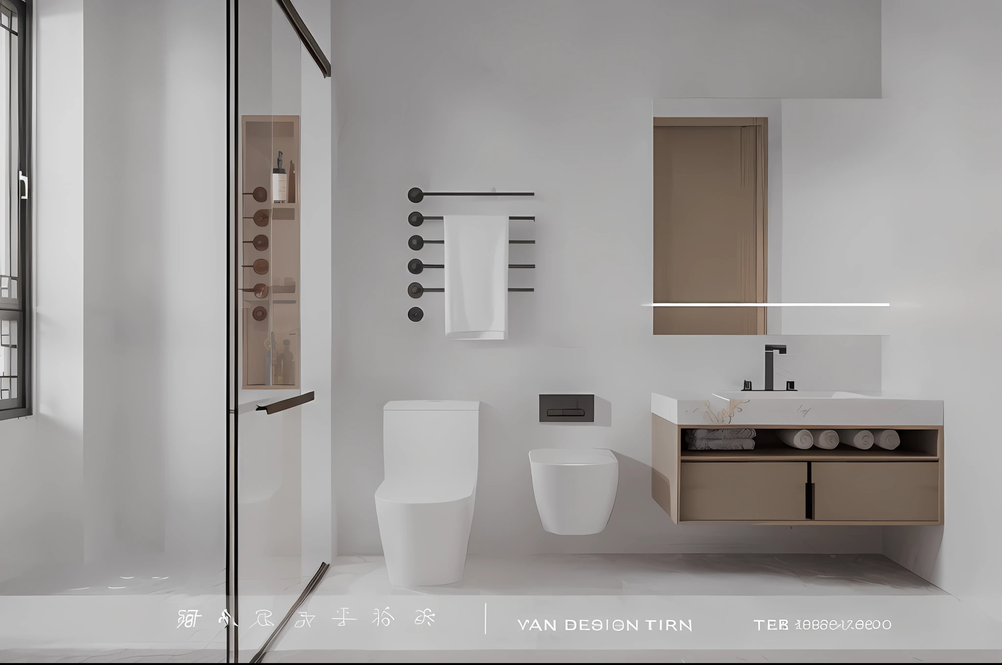 There is a bathroom with toilet, sink and mirror, high quality 3D rendering, floor tiles changed to the same color as wall tiles. Hd. Natural. Authentic. The overall color is slightly darker. At ease. Fine.