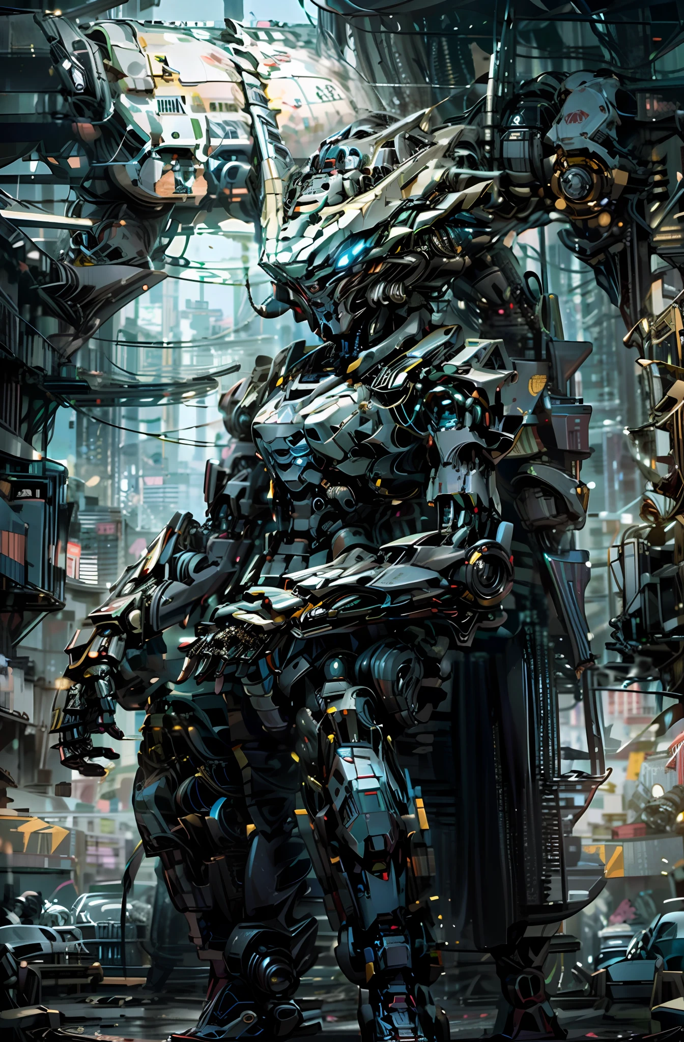 Dark_Fantasy, Cyberpunk, (Gun, 1.1), 1 Man, Mechanical Marvel, Robot Presence, Cybernetics Guardian, Green, 8K, Simple Background