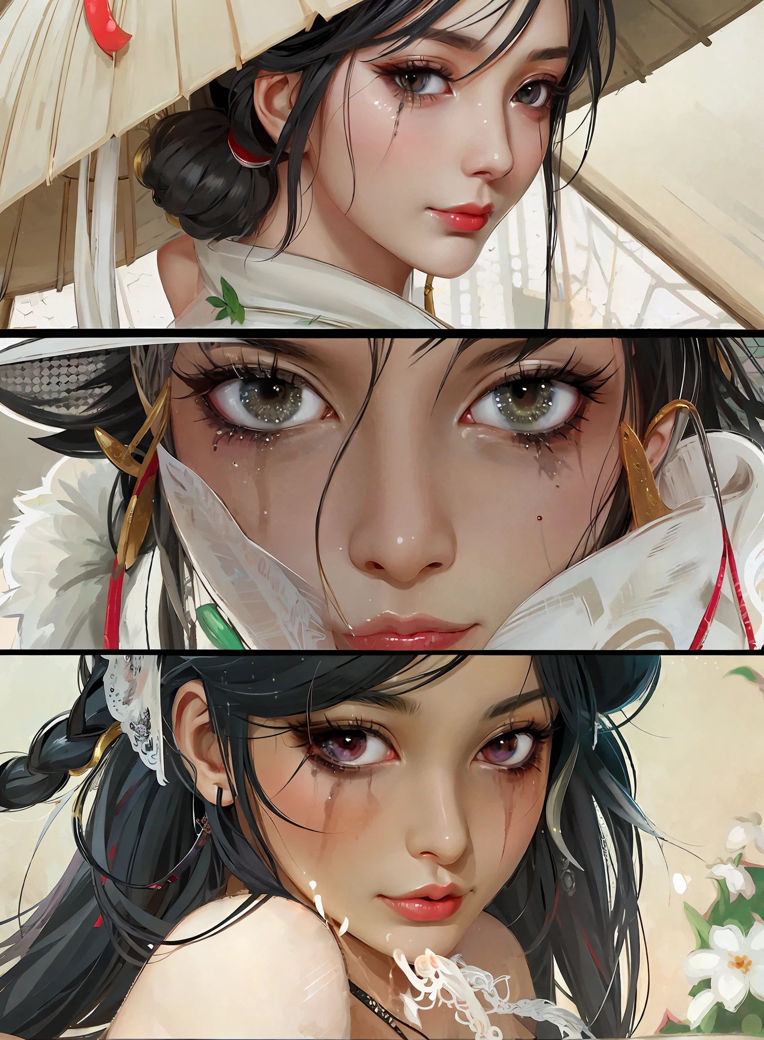 there are two pictures of a swedish sweaty girl with an umbrella and a cat, ((thick red lips)), ((azure eyes)), ((long ponytail)), ((platinum hair)), artwork in the style of guweiz, guweiz, beautiful character painting, guweiz on artstation pixiv, guweiz on pixiv artstation, stunning anime face portrait, beautiful digital artwork, wlop rossdraws, detailed digital anime art, guweiz masterpiece