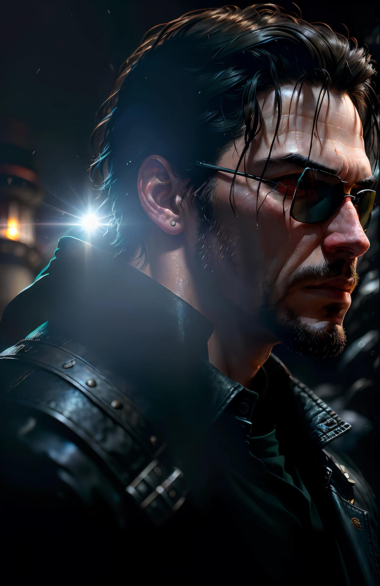 Dark, Deep Shadows, Rugged Award Winning Portrait Photos , ((Best Quality)), ((Masterpiece), (detailed) Fan Art (from Matix) Head, ((Neo from Matrix Face)) Look Away, Keanu Reeves, The Matrix (1999), Sunglasses, Night, 80mm, ((Western Animation)), (The Matrix New (1999)), (Short Hair), (Tokyo Street Night), ((Back of the Head)), ((Profile))(Facial Focus: 1.5), (Storm: 1.2), (Waves: 1.3), Ocean, (Lighthouse Background: 1.5), (Cowboy Lens: 1.4), Looking at the Viewer, Realistic, Masterpiece, Highest Quality, Backlight, (Lens Flare: 1.1), (Halo: 1.1), (Chromatic Aberration: 1.1), by Jeremy Lipking, by Antonio J. Manzanedo, Nikon d850 Film Stock photograph 4 kodak portra 400 camera f1.6 lens rich colors hyper realistic lifelike texture dramatic lighting unrealengine trending on artstation cinestill 800