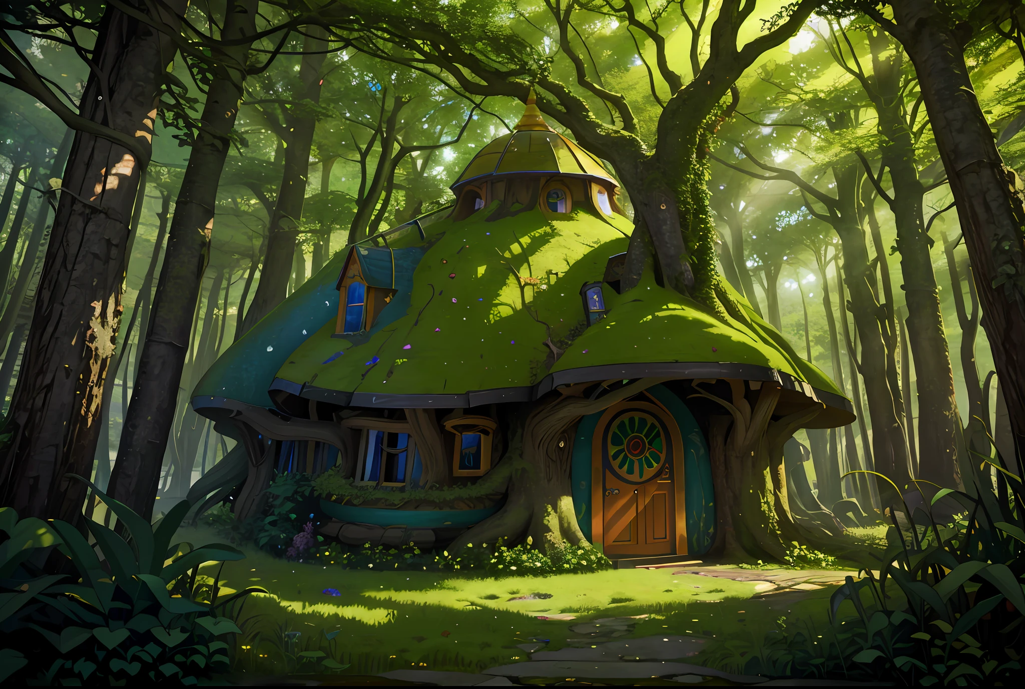 Hobbit tree house covered in vegetation, forest, fantasy, full of wonder and magic, curved bridges, stained glass windows, dramatic, ((abstract)), high octane render 8k, super detailed, realistic, super realistic, high quality, best, super detail, crazy detail, very detailed, photorealistic, epic composition, best quality, 32k --v 6