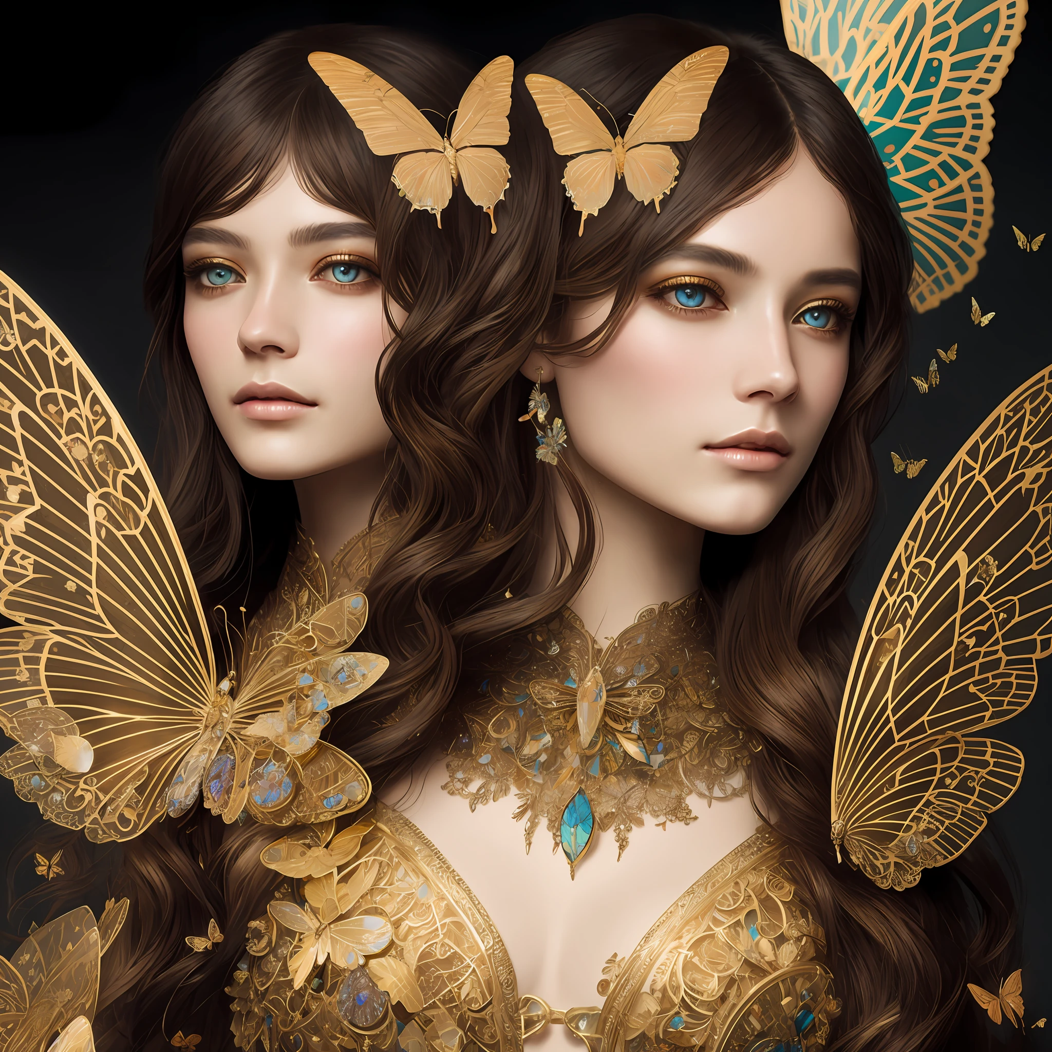 8K portrait of a beautiful cyborg with brown hair, intricate and elegant, very elaborate, majestic digital photograph, art surreal painting by artgerm, Ruan Jia and greg Rutkowski Gold butterfly filigree, broken glass (masterpiece, sidelights, elaborate beautiful eyes: 1.2), HDR