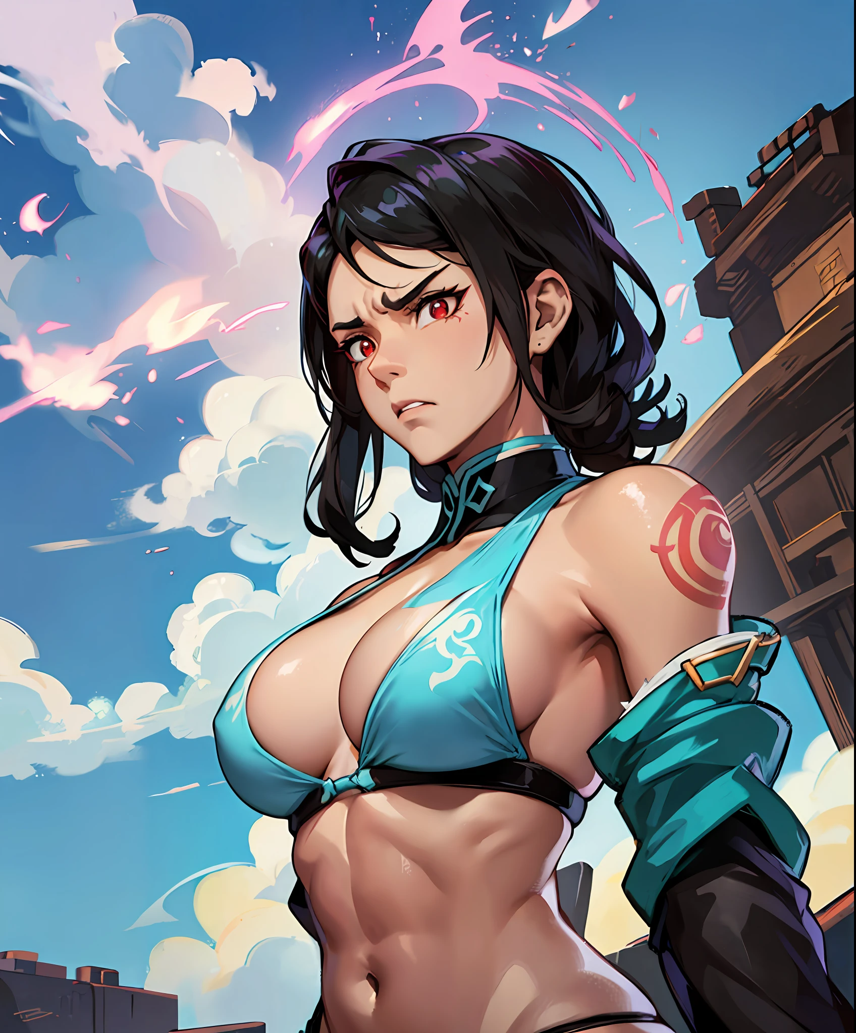 ((korra)),black hair,dark tanned skin,abs,floating hair,(micro bikini:1),glowing red eyes,close up, only face ,dealtiled face,big breast,((2d anime style)),(sharp focus),shiny skin ,oil skin,big breasts,((look disgusted)),((very angry disappointed)),cinematic light,8k,look at viewer,((view from below)),lake background --auto --s2