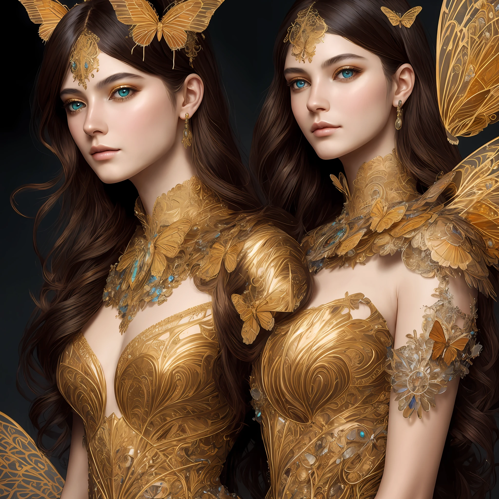 8K portrait of a beautiful cyborg with brown hair, intricate and elegant, very elaborate, majestic digital photograph, art surreal painting by artgerm, Ruan Jia and greg Rutkowski Gold butterfly filigree, broken glass (masterpiece, sidelights, elaborate beautiful eyes: 1.2), HDR