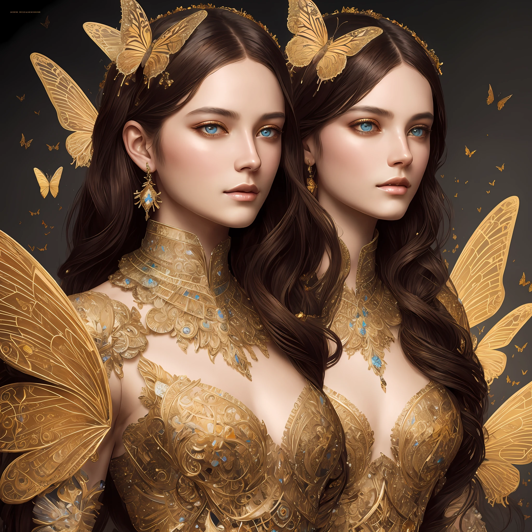 8K portrait of a beautiful cyborg with brown hair, intricate and elegant, very elaborate, majestic digital photograph, art surreal painting by artgerm, Ruan Jia and greg Rutkowski Gold butterfly filigree, broken glass (masterpiece, sidelights, elaborate beautiful eyes: 1.2), HDR