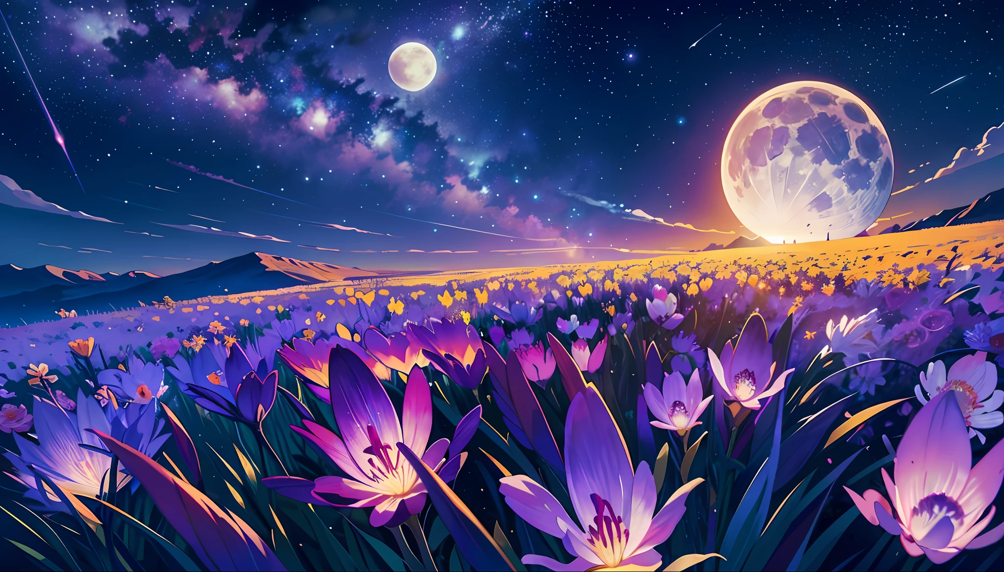 expansive landscape photography, (a view from below that shows the sky above and the open field below), a girl standing in a field of flowers looking, (full moon: 1.2), (shooting stars: 0.9), (nebula: 1.3), distant mountain, tree BREAK production art, (hot light source: 1.2), (Firefly: 1.2), lamp, very purple and orange, complex details,  volumetric lighting, realism BREAK (masterpiece: 1.2), (best quality), 4k, ultra-detailed, (dynamic composition: 1.4), highly detailed, colorful details, (iridescent colors: 1.2), (bright lighting, atmospheric lighting), dreamy, magical, (solo: 1.2), masterpieces, HD, high quality, best quality, highres, high quality, high details, masterpiece, anime style