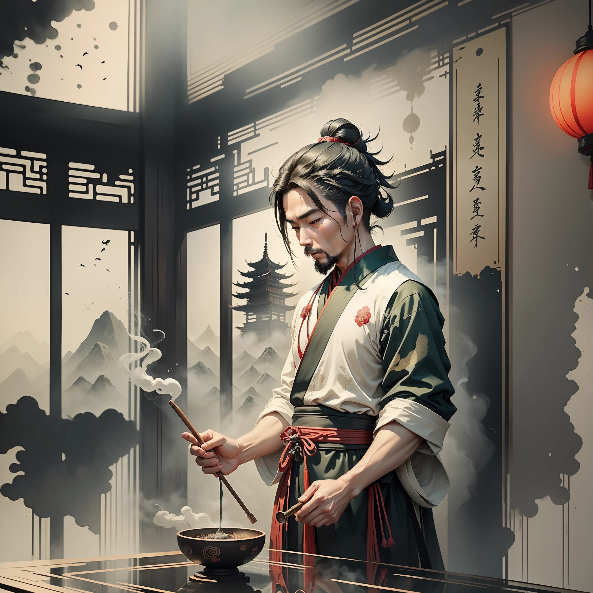 The profile picture should be a Chinese ink painting featuring a Daoist priest dressed in Daoist robes, holding a dusting whisk. The priest should be standing in front of a traditional Chinese Taoist temple, with wisps of incense smoke wafting through the air. Bamboo trees should flank the temple. The illustration should reflect the style of traditional Chinese ink paintings.Depict the Daoist priest in a traditional Chinese ink painting style, evoking the essence of East cultural inspiration and the tranquility of a Taoist temple.