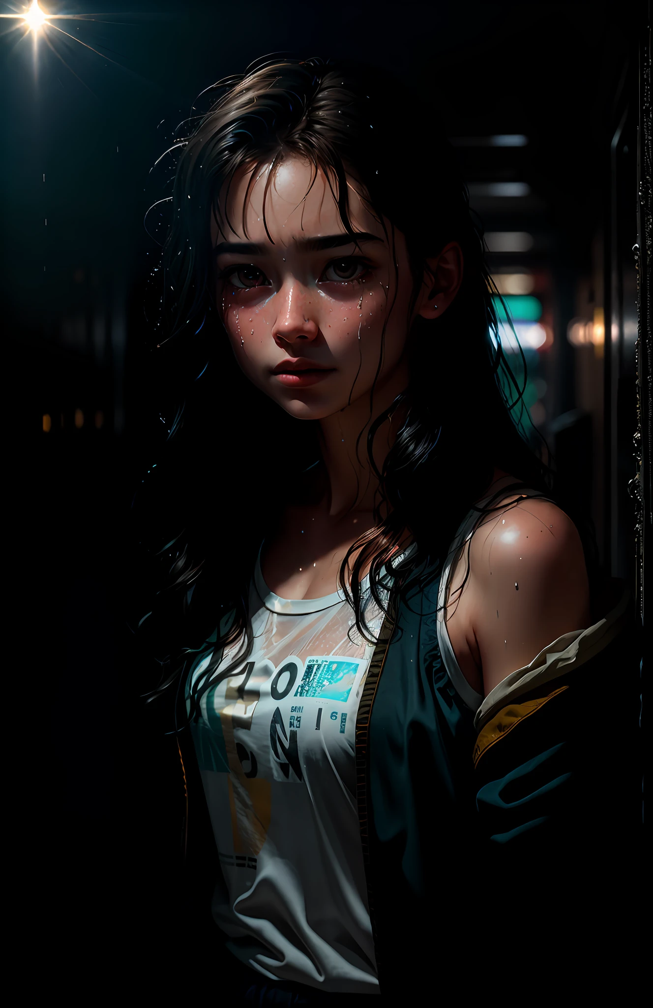 (Dark, 0.8), Light Shadow, Rugged Award Winning Portrait Photo, Best Quality, Masterpiece, Ultra High Resolution, (Fidelity: 1.4), Photo, 1 Girl, [(Sadness), 1.2], White Shirt, Dim, Despair, Mercy, Pathetic, Movie, Tears, Teardrops, (Torn Clothes: 1.5), (Wet Clothes: 1.4), Bare Shoulders, Real Rain, Wet Hair,.., Realistic, Masterpiece, Highest Quality, Backlit, (Lens flare: 1.5), (Vire: 1.4), (Chromatic aberration: 1.1), Nikon D850 Film Stock Photograph 4 Kodak Portra 400 Camera F1.6 Lens rich colors hyper realistic lifelike texture dramatic lighting unrealengine trending on artstation cinestill 800