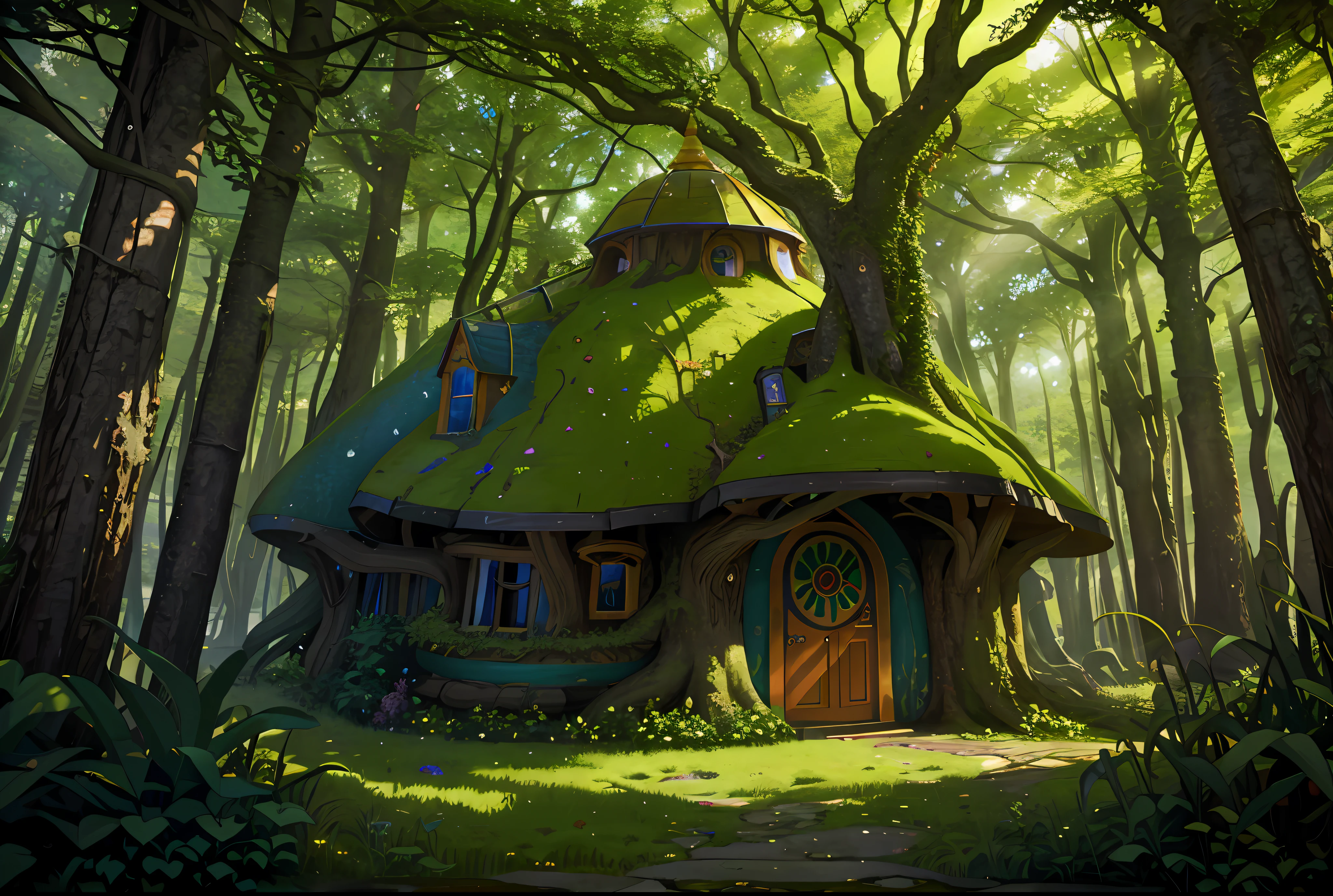Hobbit tree house covered in vegetation, forest, fantasy, full of wonder and magic, curved bridges, stained glass windows, dramatic, ((abstract)), high octane render 8k, super detailed, realistic, super realistic, high quality, best, super detail, crazy detail, very detailed, photorealistic, epic composition, best quality, 32k --v 6