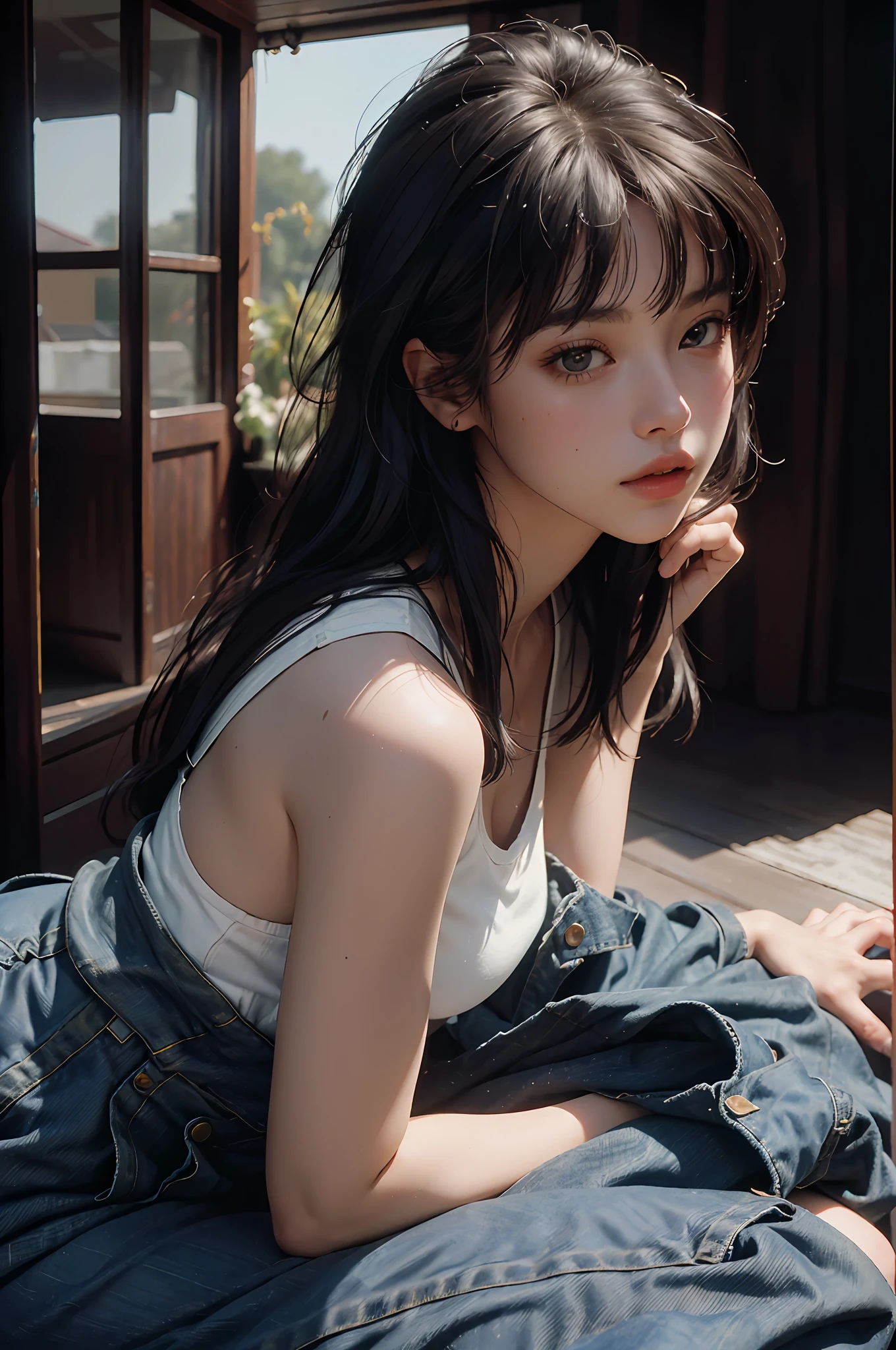 (RAW photo, 4k, masterpiece, high resolution, extremely complex) (realistic: 1.4), cinematic lighting
1 Girl, Solo Focus, Summer Noon, Hot, 1990s\(Style), Denim Lens, Indoor, Short Sleeve T-Shirt Sultry pose